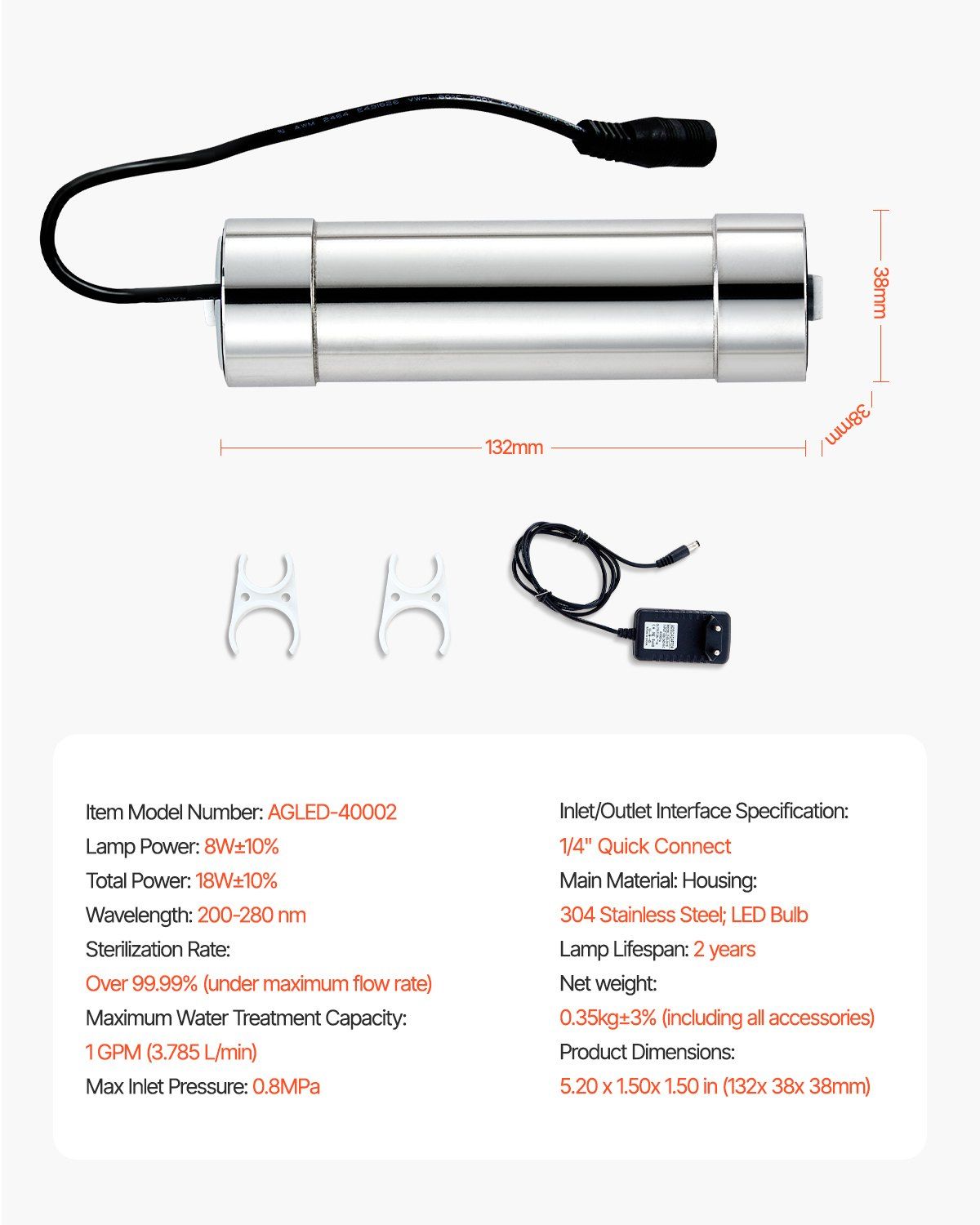 UV Water Purifier, 8W 1GPM, 220V Versatile Ultraviolet Water Purifier Filter with Stainless Steel Housing, V952-SJHXTUV8W1GPFDJEJV3