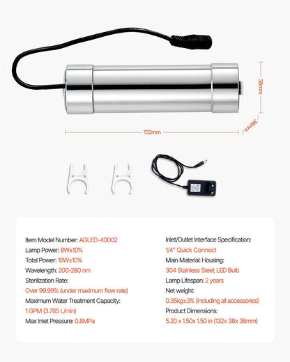UV Water Purifier, 8W 1GPM, 220V Versatile Ultraviolet Water Purifier Filter with Stainless Steel Housing, V952-SJHXTUV8W1GPFDJEJV3