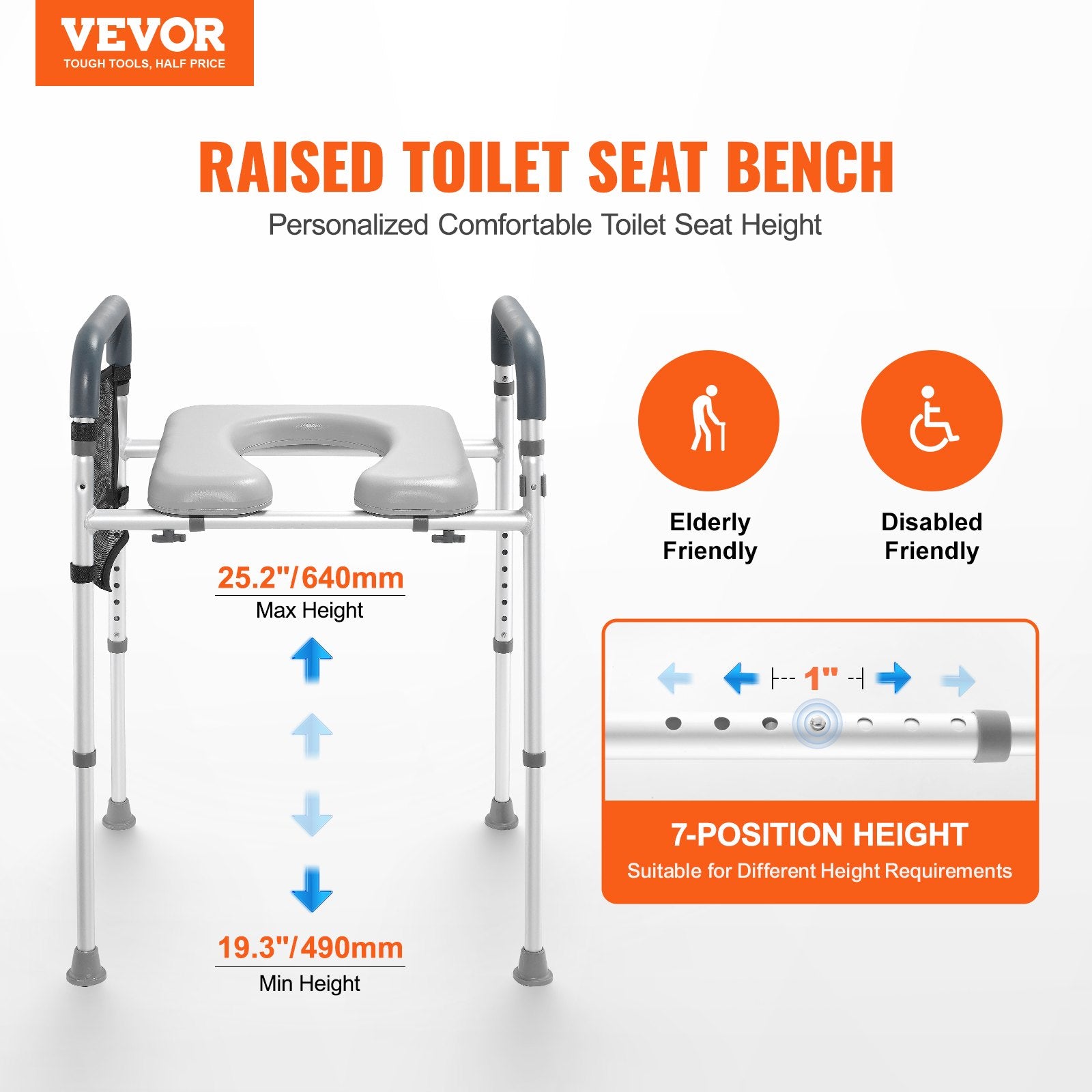 Raised Toilet Seat, 7-Position Height Adjustment 655-805 Mm, 158.7 kg Weight Capacity, with Comfort Padded V952-SJLDSJGMTZDLV1SLQV0