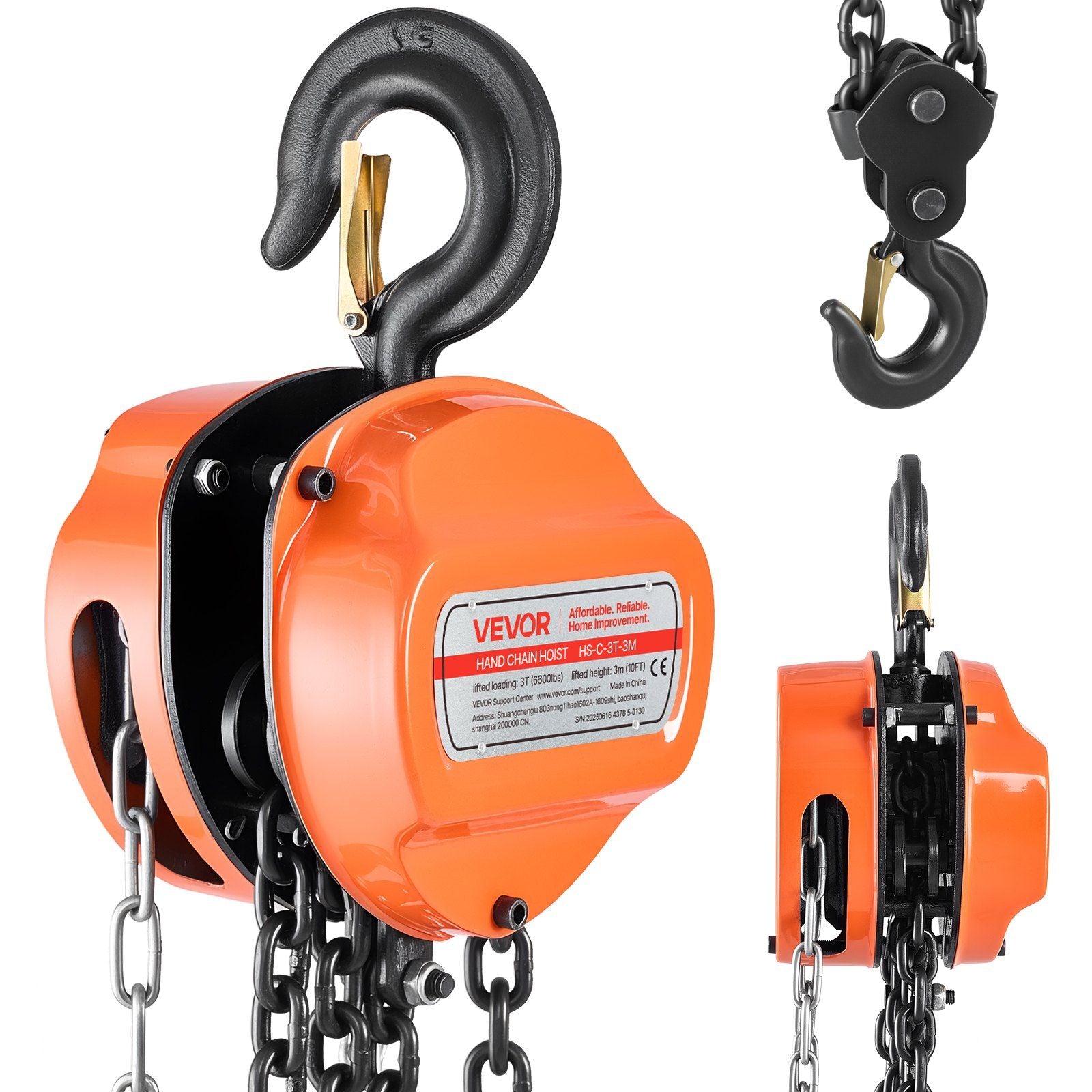 Hand Chain Hoist, 3 Ton Capacity, Manual Chain Block with Upgrade G80 Galvanized Chain, 3 m Lifting Height, V952-SJSLHL3T10FTV6ULT001V0