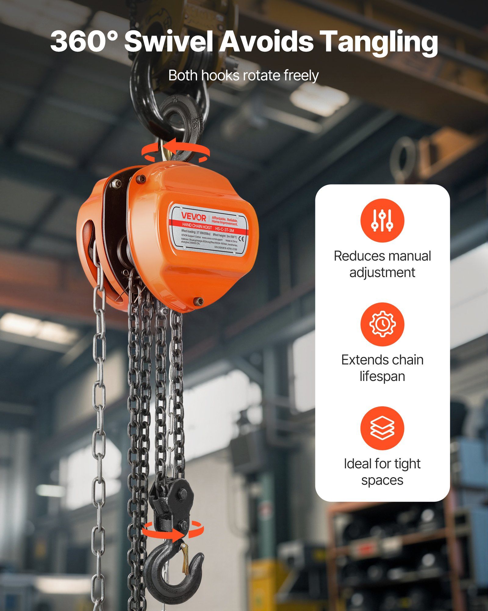 Hand Chain Hoist, 3 Ton Capacity, Manual Chain Block with Upgrade G80 Galvanized Chain, 3 m Lifting Height, V952-SJSLHL3T10FTV6ULT001V0