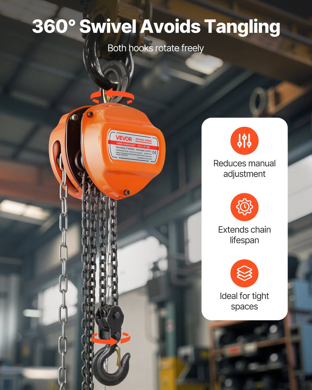Hand Chain Hoist, 3 Ton Capacity, Manual Chain Block with Upgrade G80 Galvanized Chain, 3 m Lifting Height, V952-SJSLHL3T10FTV6ULT001V0