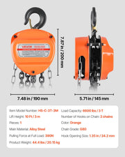 Hand Chain Hoist, 3 Ton Capacity, Manual Chain Block with Upgrade G80 Galvanized Chain, 3 m Lifting Height, V952-SJSLHL3T10FTV6ULT001V0