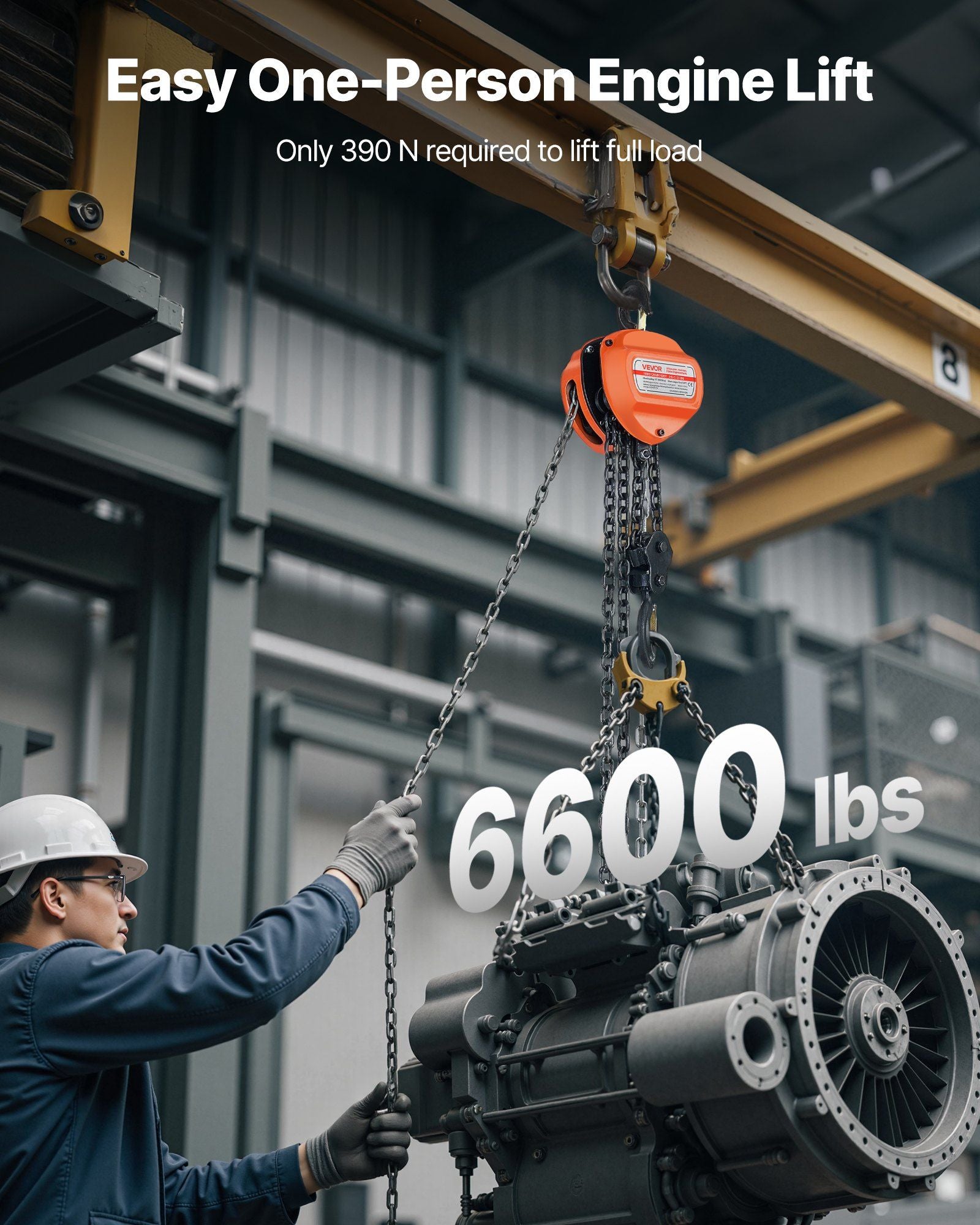 Hand Chain Hoist, 3 Ton Capacity, Manual Chain Block with Upgrade G80 Galvanized Chain, 6 m Lifting Height, V952-SJSLHL3T20FTM28SX001V0