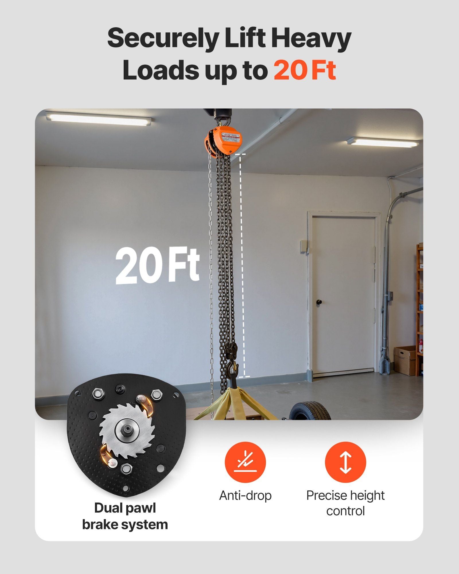 Hand Chain Hoist, 3 Ton Capacity, Manual Chain Block with Upgrade G80 Galvanized Chain, 6 m Lifting Height, V952-SJSLHL3T20FTM28SX001V0