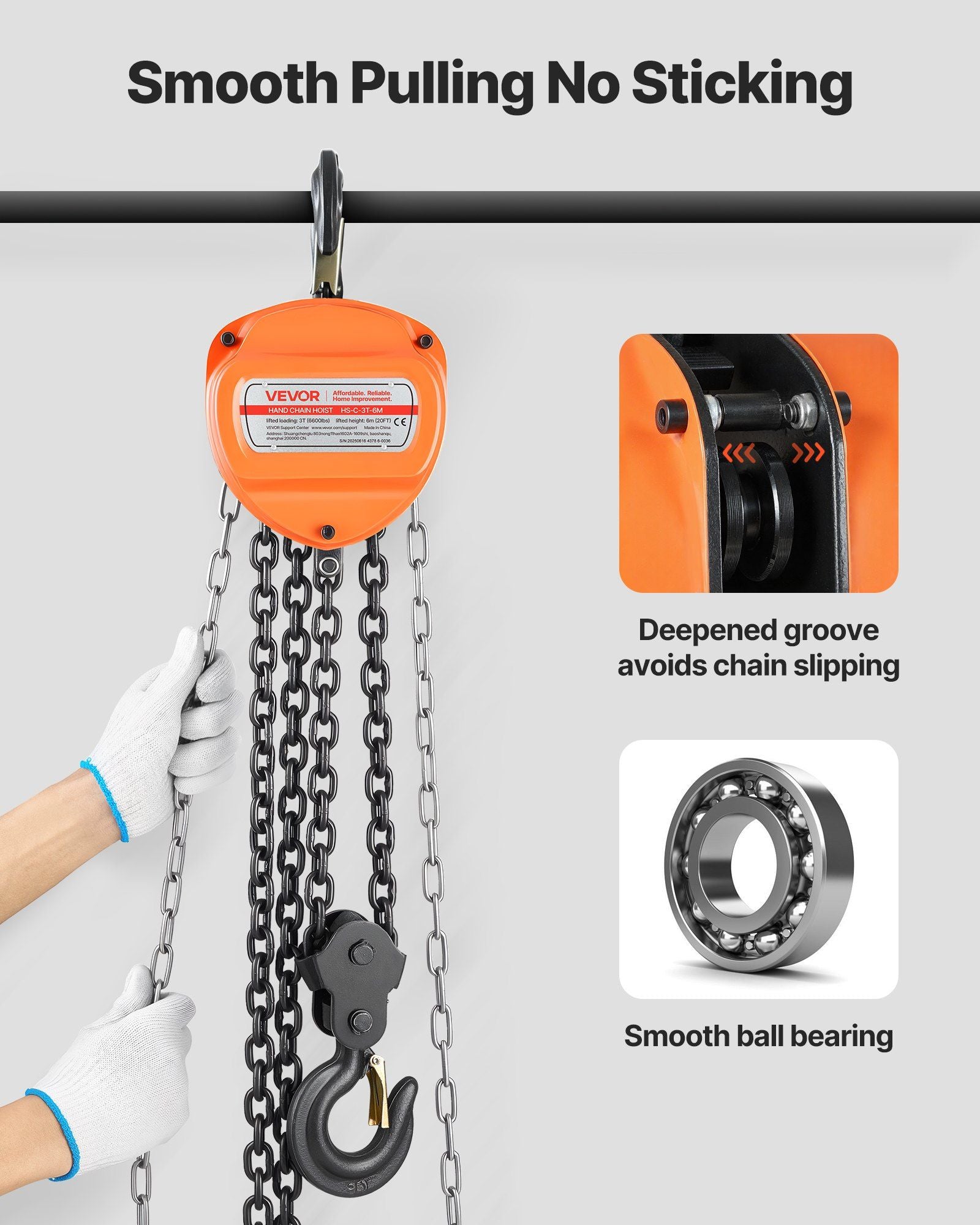 Hand Chain Hoist, 3 Ton Capacity, Manual Chain Block with Upgrade G80 Galvanized Chain, 6 m Lifting Height, V952-SJSLHL3T20FTM28SX001V0