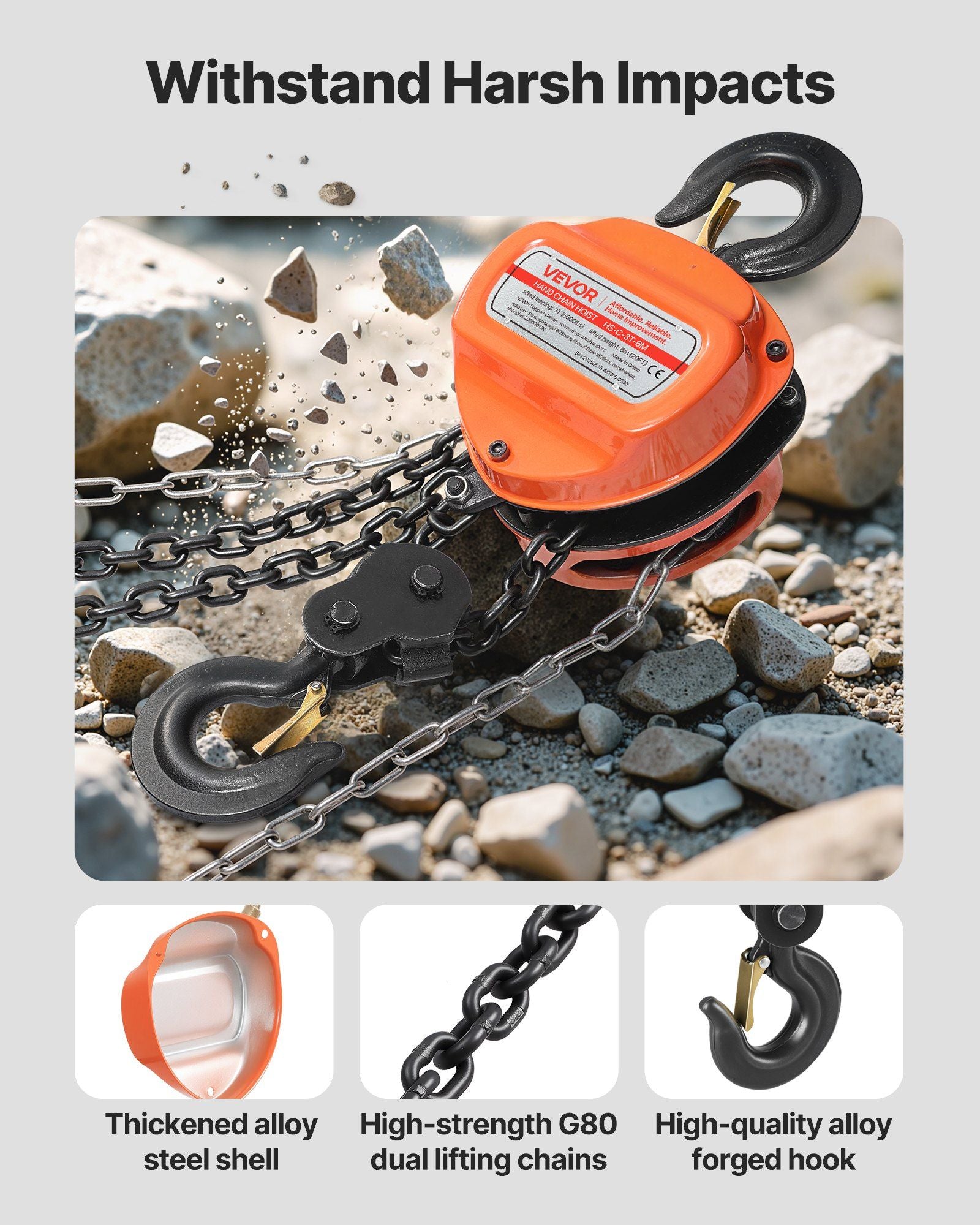 Hand Chain Hoist, 3 Ton Capacity, Manual Chain Block with Upgrade G80 Galvanized Chain, 6 m Lifting Height, V952-SJSLHL3T20FTM28SX001V0