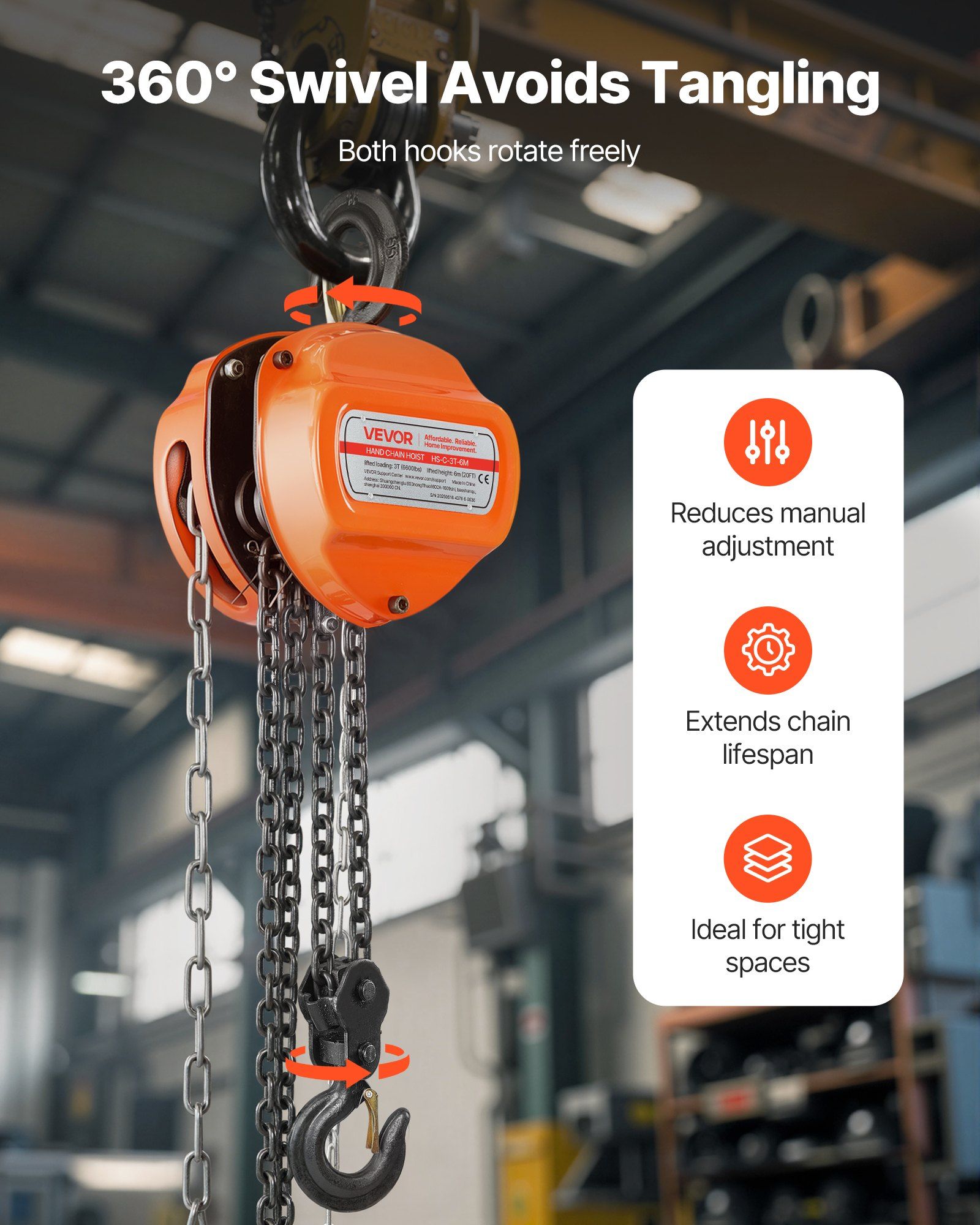 Hand Chain Hoist, 3 Ton Capacity, Manual Chain Block with Upgrade G80 Galvanized Chain, 6 m Lifting Height, V952-SJSLHL3T20FTM28SX001V0