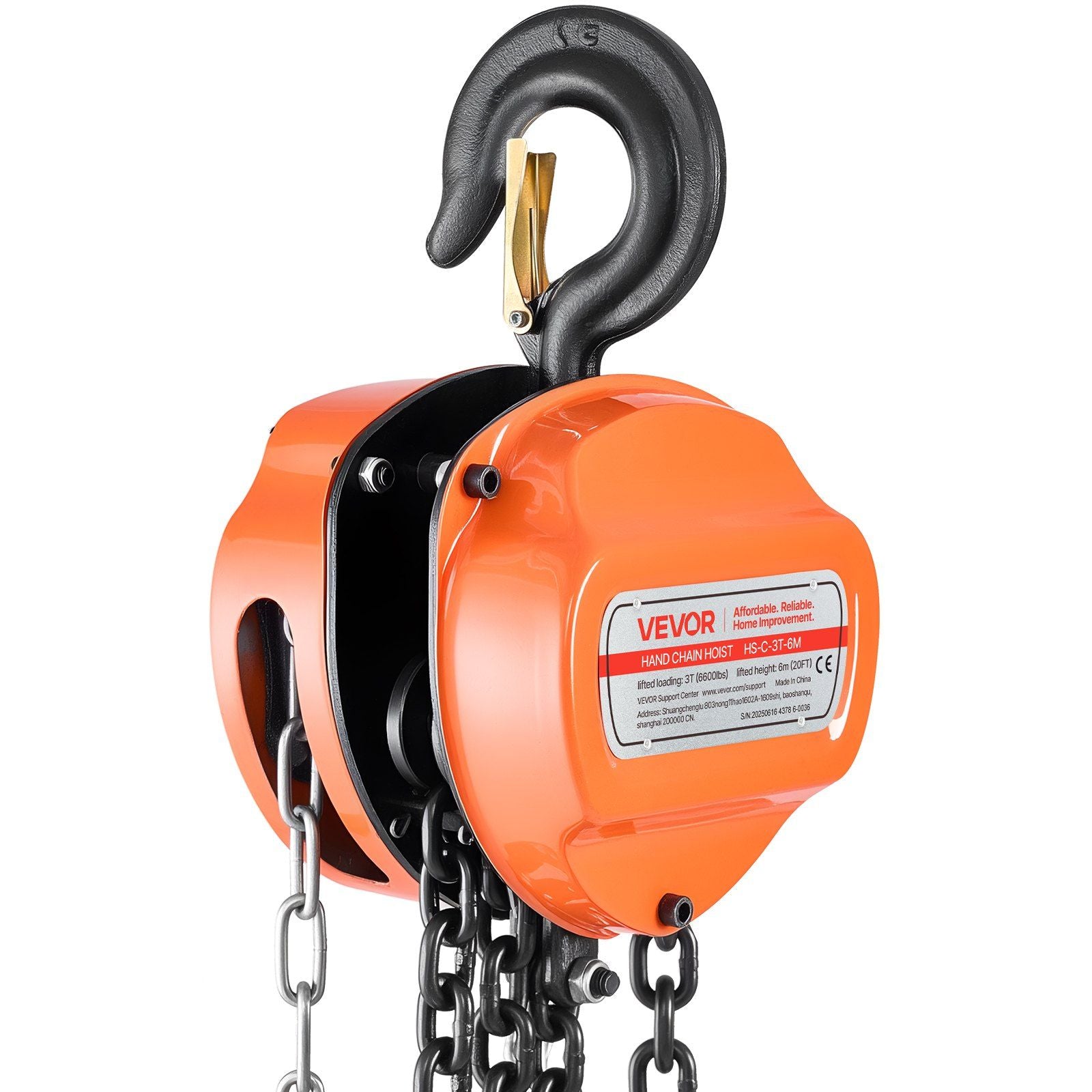 Hand Chain Hoist, 3 Ton Capacity, Manual Chain Block with Upgrade G80 Galvanized Chain, 6 m Lifting Height, V952-SJSLHL3T20FTM28SX001V0