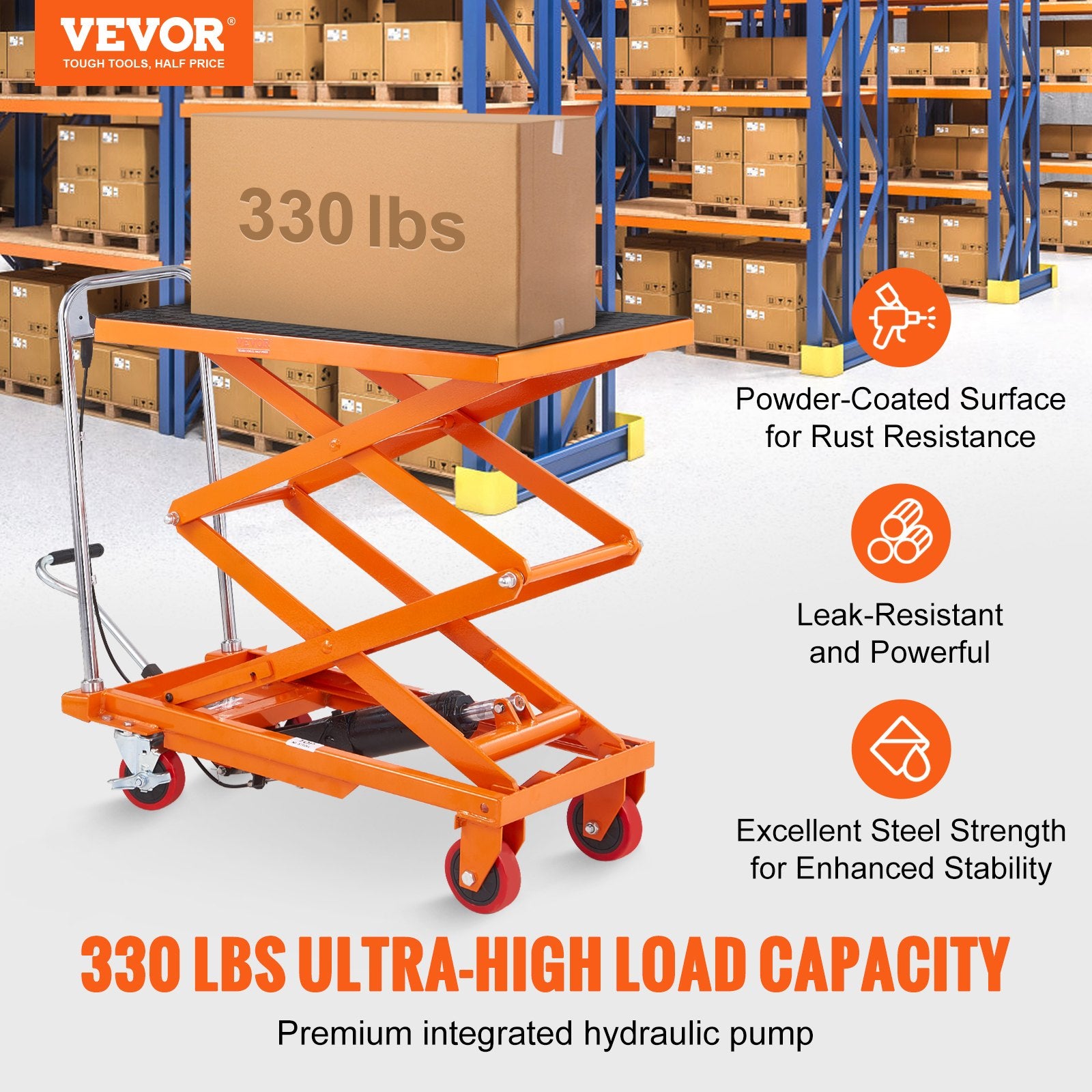 Hydraulic Lift Table Cart, 330lbs Capacity 50" Lifting Height, Manual Double Scissor Lift Table with 4 Wheels V952-SJYYSJPTCCS4BSRWBV0