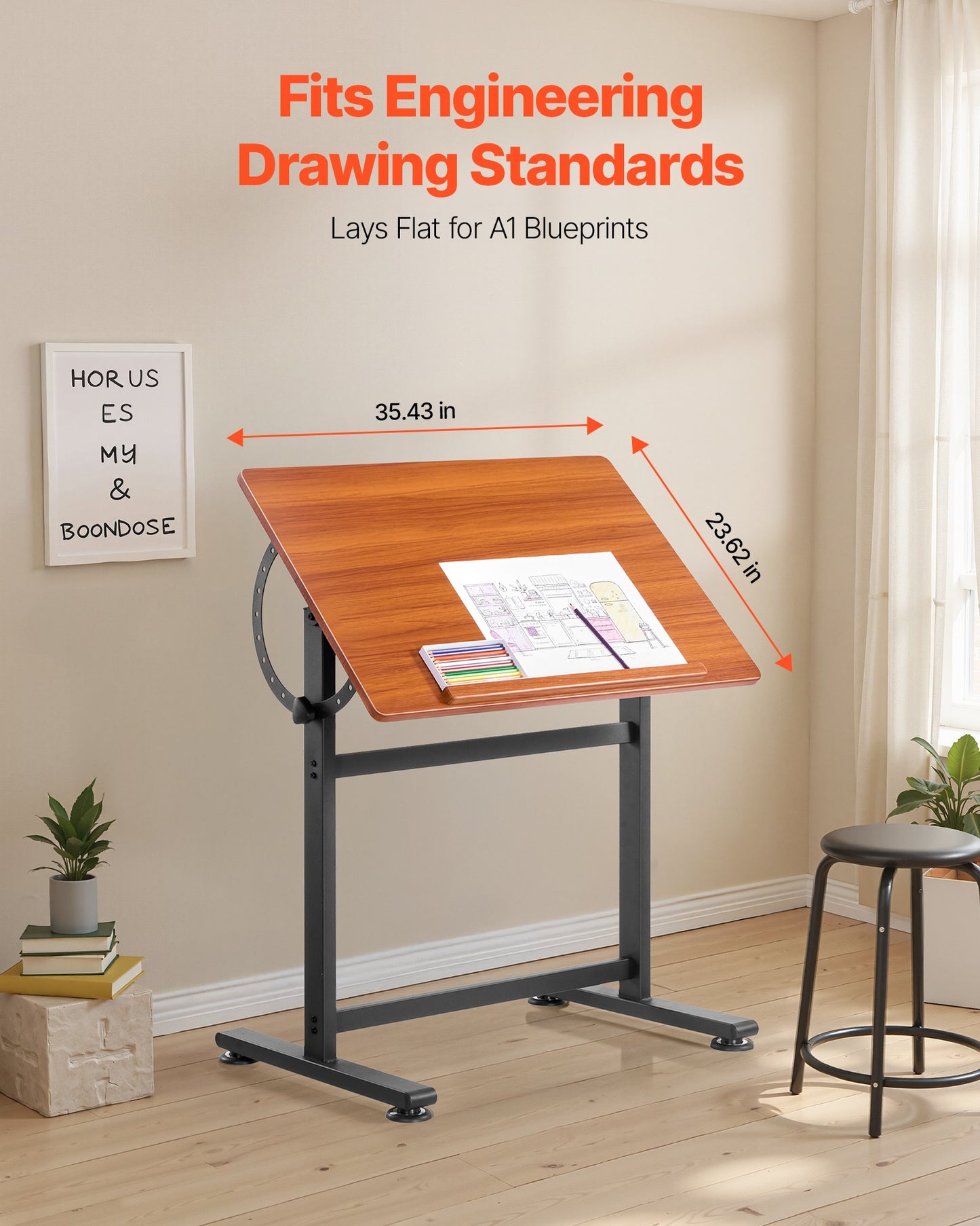 Drafting Table Adjustable 0 degrees-90 degrees Tilt Wooden Drawing Desk with H-Frame V952-SJZMZBDDZBDC3SG4Z001V0