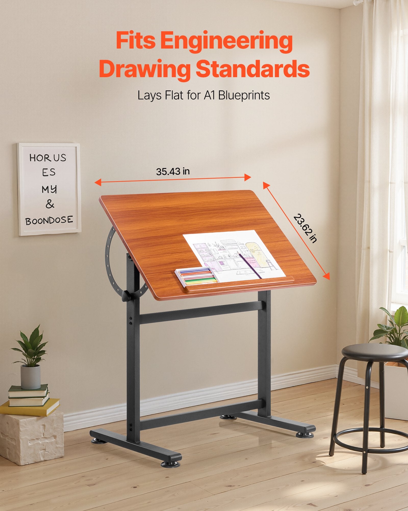 Drafting Table Adjustable 0 degrees-90 degrees Tilt Wooden Drawing Desk with H-Frame V952-SJZMZBDDZBDC3SG4Z001V0