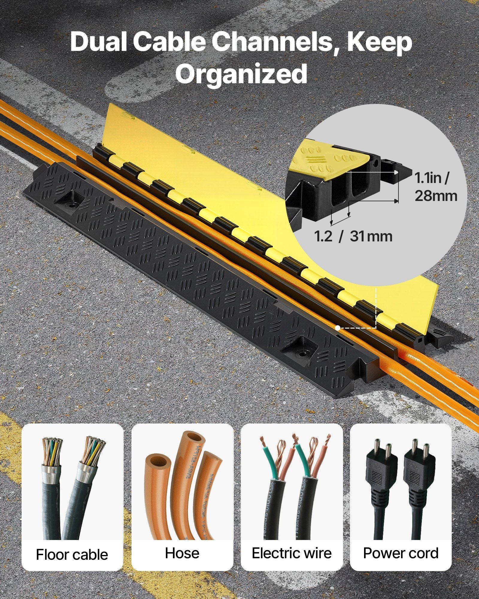 Cable Protector Ramp, 9,979 kg/axle Capacity, 2 Channel Heavy Duty TPU Cord Hose Wire Cover, 31 x 28 mm V952-SKCDLBHPD2CTEZB4B001V0