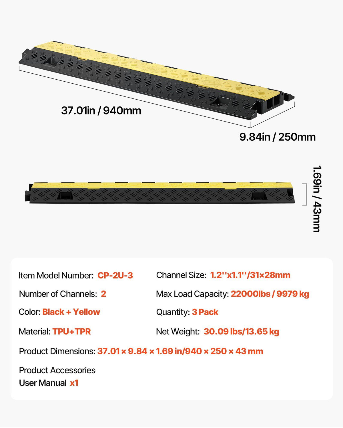 Cable Protector Ramp, 9,979 kg/axle Capacity, 2 Channel Heavy Duty TPU Cord Hose Wire Cover, 31 x 28 mm V952-SKCDLBHPD2CTEZB4B001V0