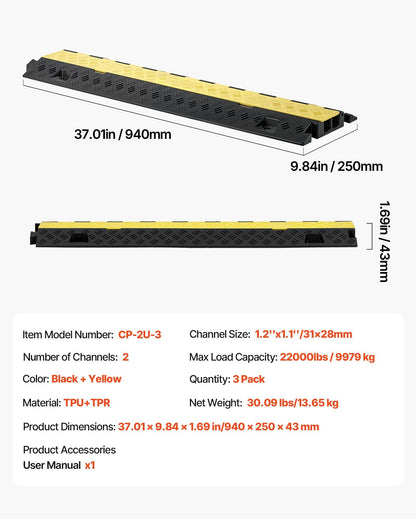 Cable Protector Ramp, 9,979 kg/axle Capacity, 2 Channel Heavy Duty TPU Cord Hose Wire Cover, 31 x 28 mm V952-SKCDLBHPD2CTEZB4B001V0