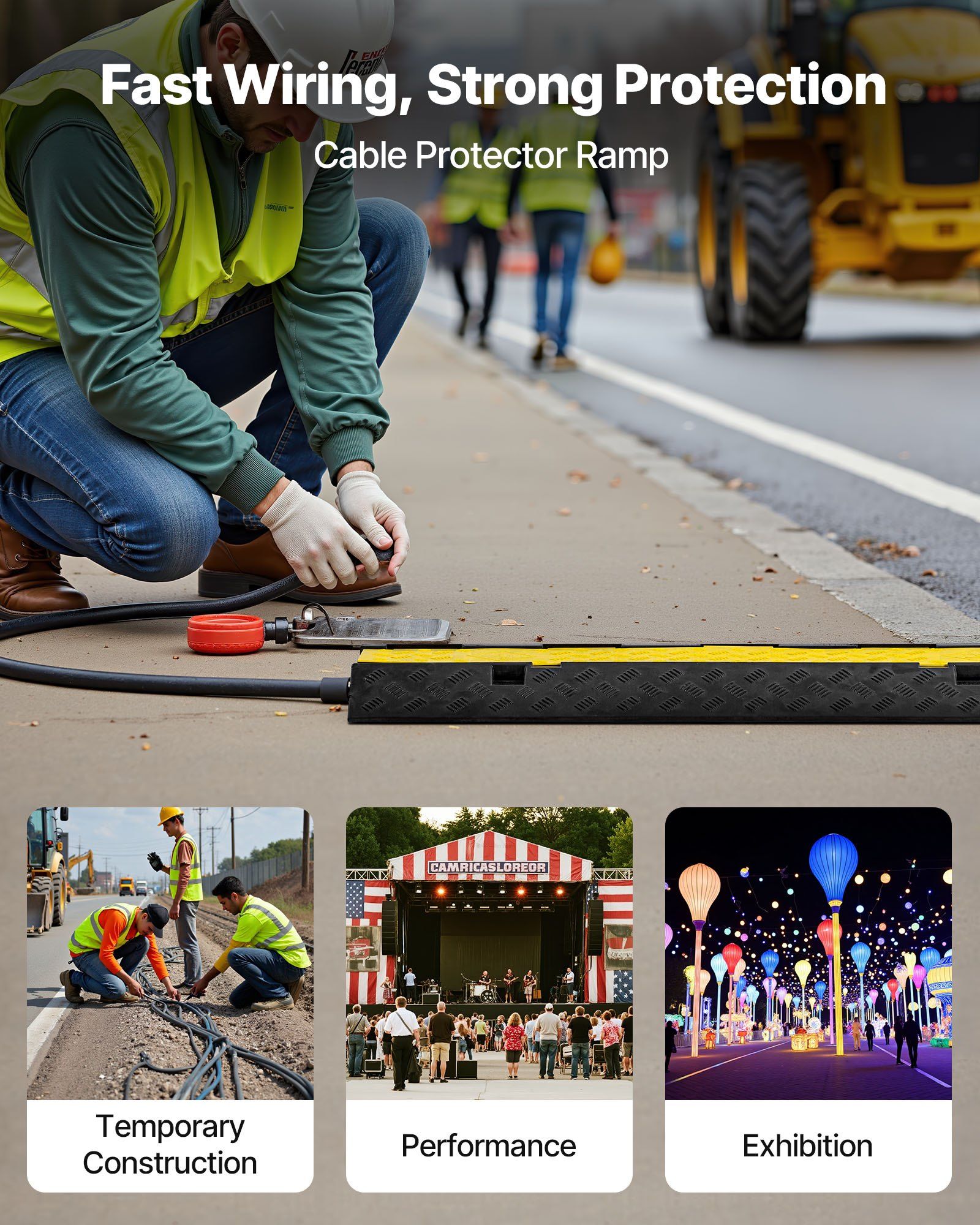 Cable Protector Ramp, 9,979 kg/axle Capacity, 2 Channel Heavy Duty Rubber Cord Hose Wire Cover, 55 x 50 mm V952-SKCDLBHPD2CXPE7OK001V0