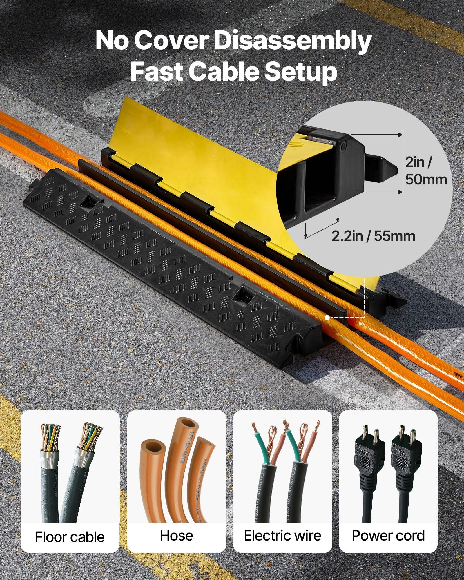 Cable Protector Ramp, 9,979 kg/axle Capacity, 2 Channel Heavy Duty Rubber Cord Hose Wire Cover, 55 x 50 mm V952-SKCDLBHPD2CXPE7OK001V0