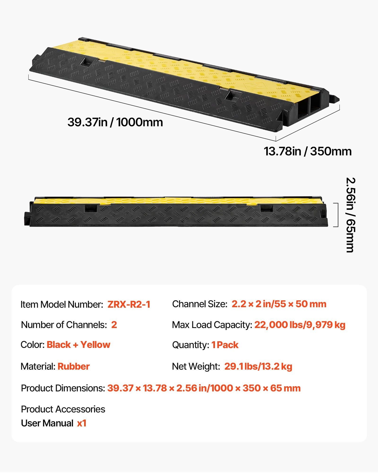 Cable Protector Ramp, 9,979 kg/axle Capacity, 2 Channel Heavy Duty Rubber Cord Hose Wire Cover, 55 x 50 mm V952-SKCDLBHPD2CXPE7OK001V0