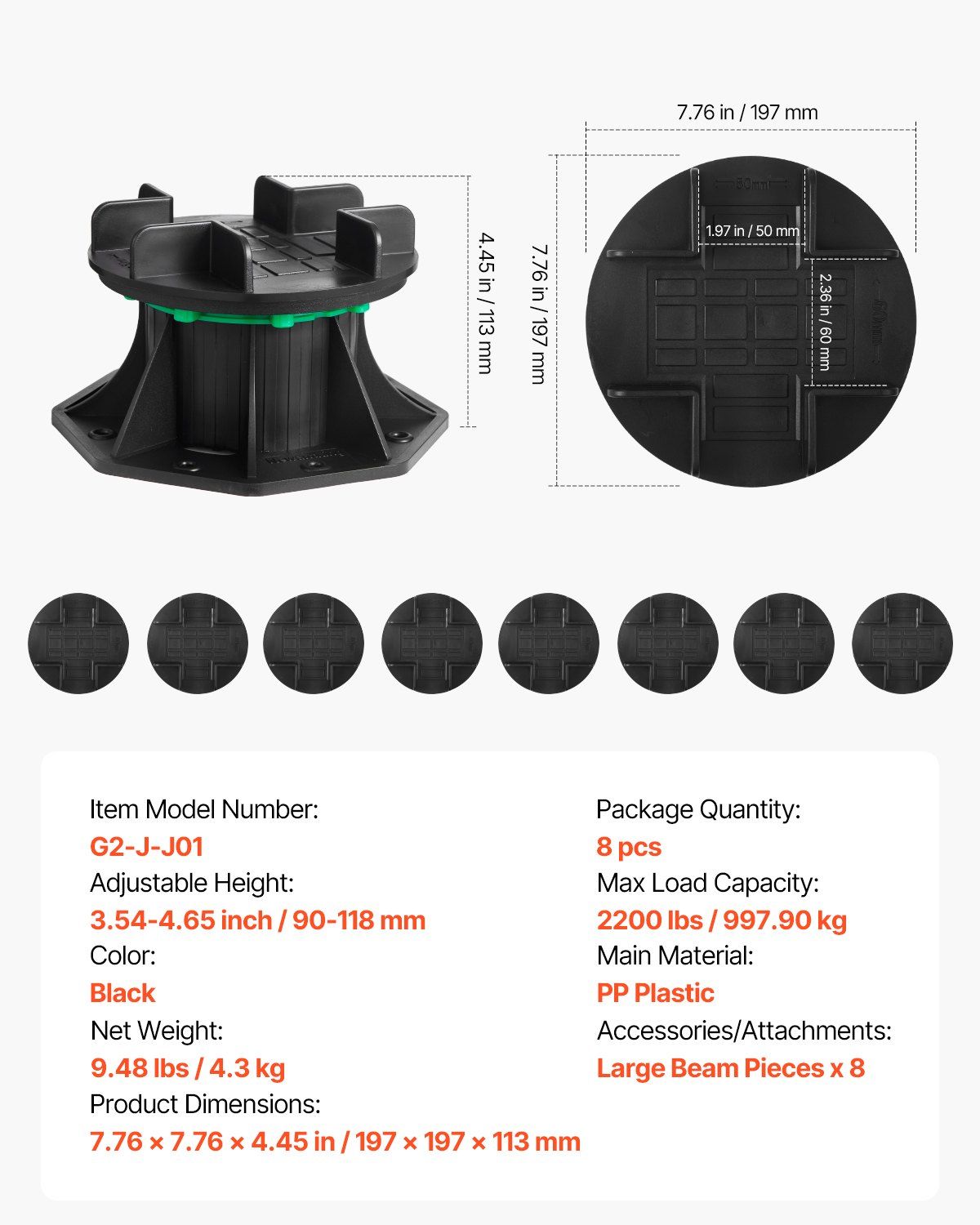 Deck Blocks 8 PCS, 2200 lbs / 997.90 kg Load Capacity Deck Support Plastic Pedestal Paver, Raising 3.54 - V952-SKCZCJZSKC606IPRZ001V0