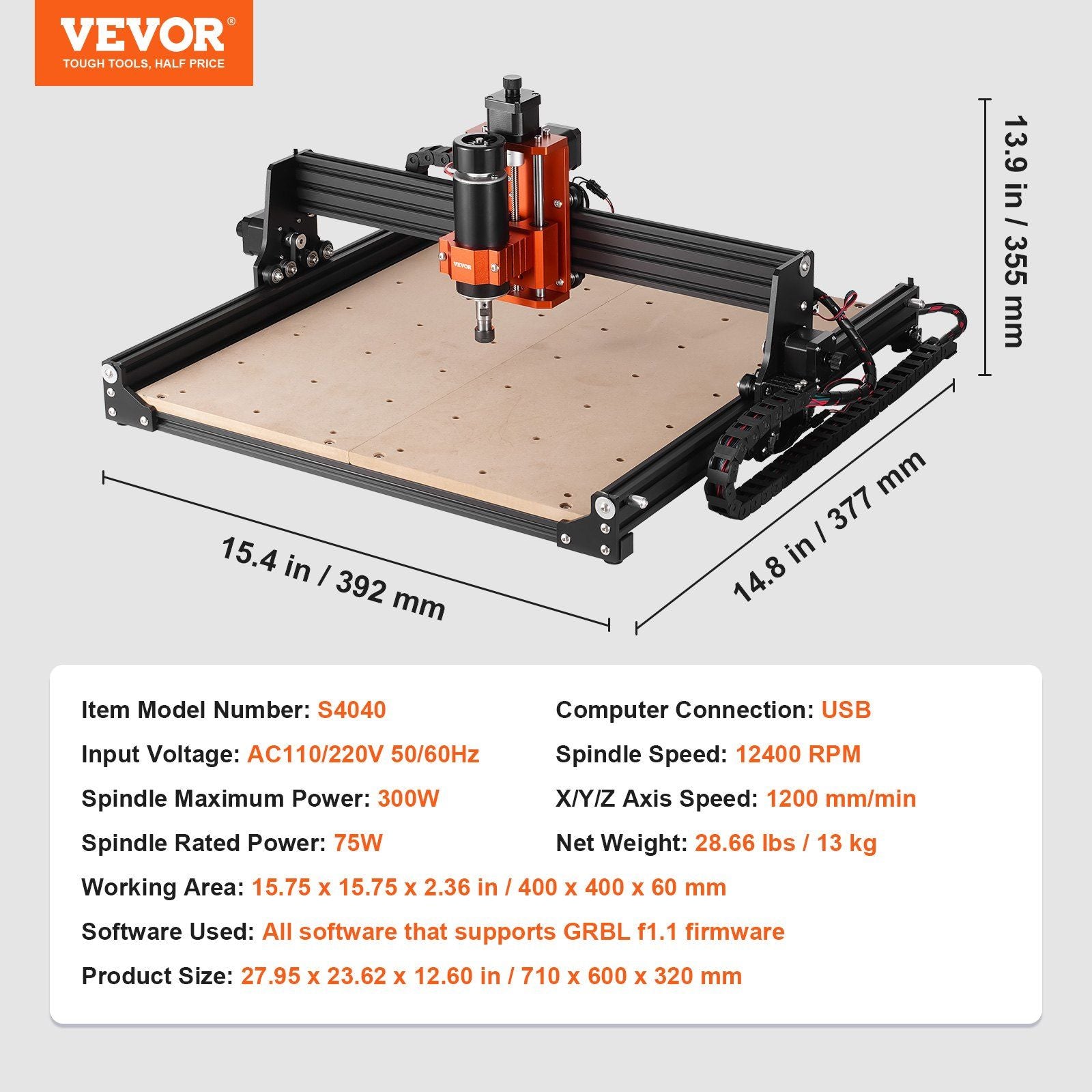 CNC Router Machine, 300W, 3 Axis GRBL Control Wood Engraving Carving Milling Machine Kit, 15.75 x 15.75 x V952-SKDKJ4040CM04TPDJV3