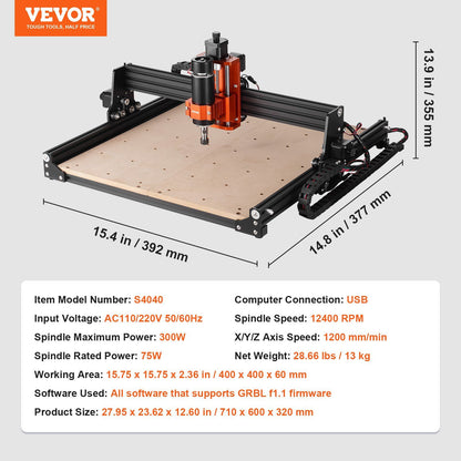 CNC Router Machine, 300W, 3 Axis GRBL Control Wood Engraving Carving Milling Machine Kit, 15.75 x 15.75 x V952-SKDKJ4040CM04TPDJV3