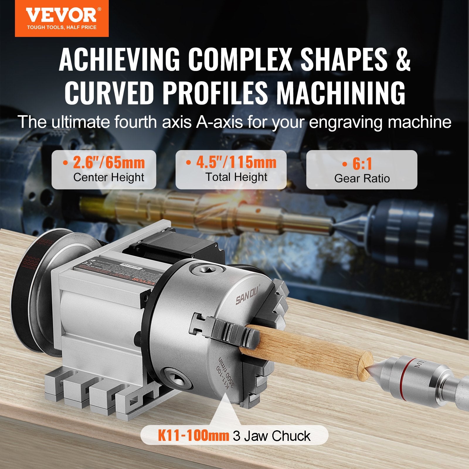 Dividing Head, K11-100mm 3-Jaw Chuck, CNC Router Milling Machine Rotational Axis 4th Axis A Axis Indexing V952-SKFDT3ZKP65M9AYZOV9
