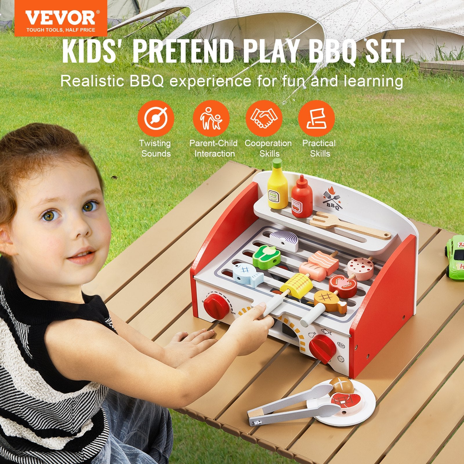 26 PCS Kids BBQ Grill Playset Wooden Cooking Grill Toy Set Pretend Sound V952-SKLWJZHMCTMS7K6GIV0