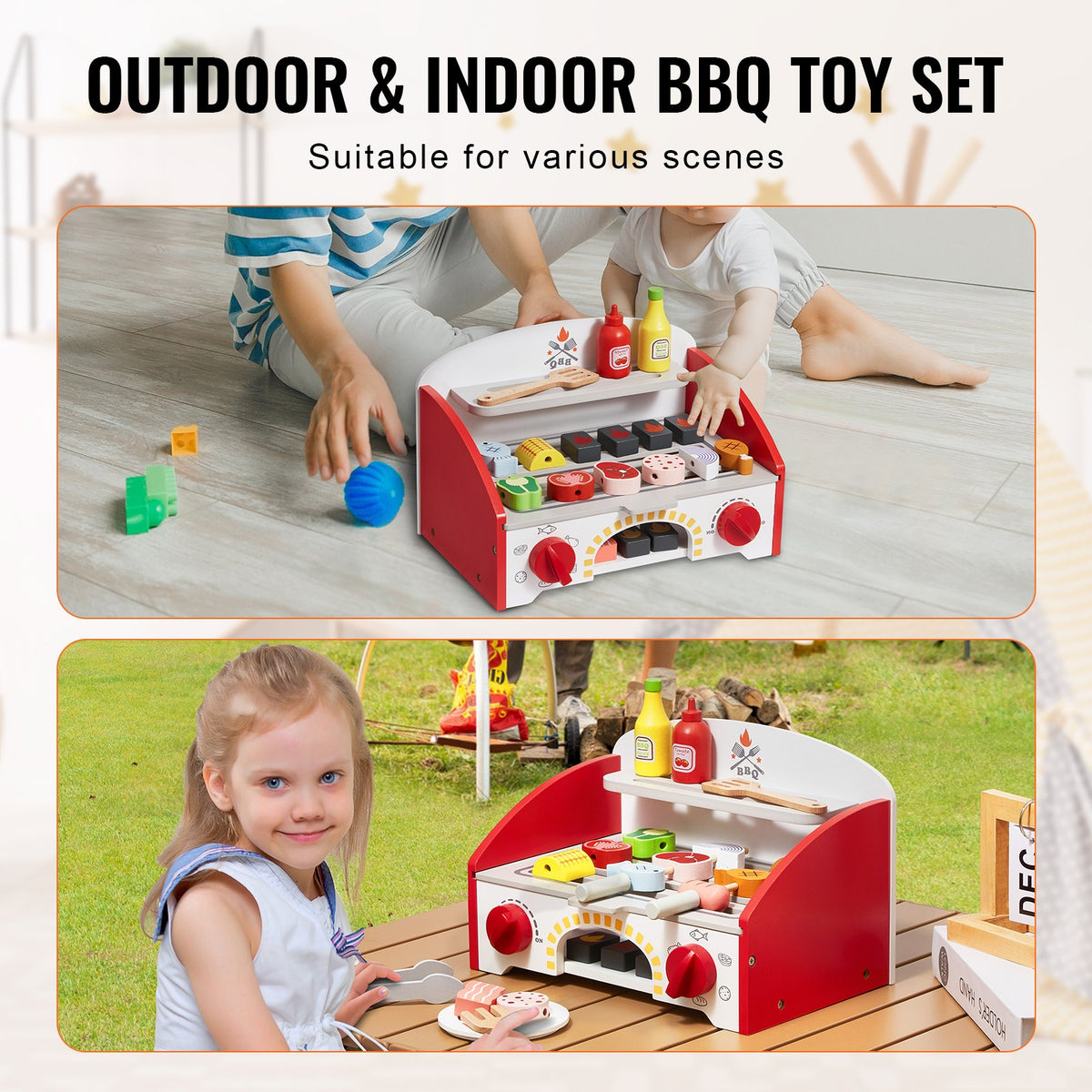 26 PCS Kids BBQ Grill Playset Wooden Cooking Grill Toy Set Pretend Sound V952-SKLWJZHMCTMS7K6GIV0
