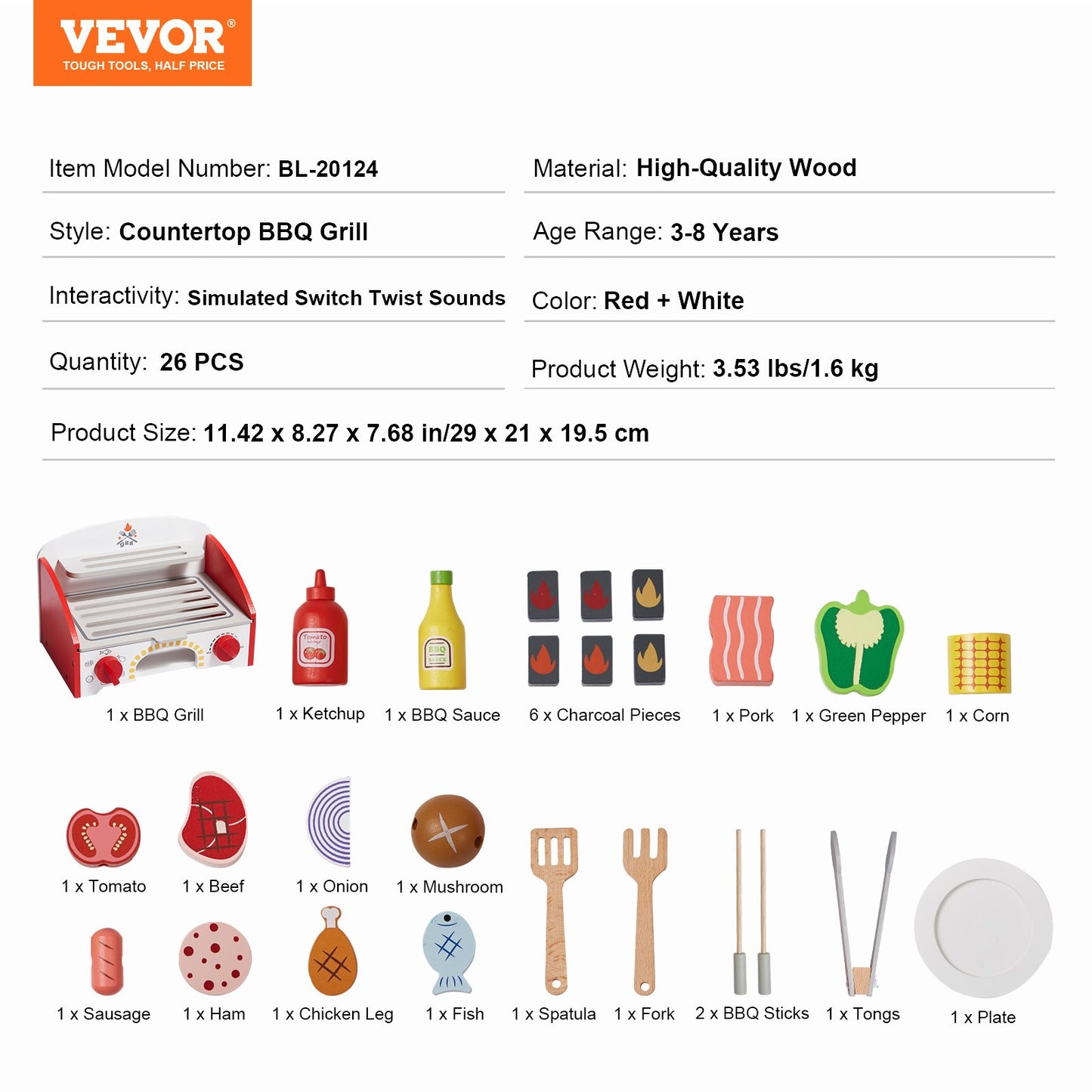 26 PCS Kids BBQ Grill Playset Wooden Cooking Grill Toy Set Pretend Sound V952-SKLWJZHMCTMS7K6GIV0