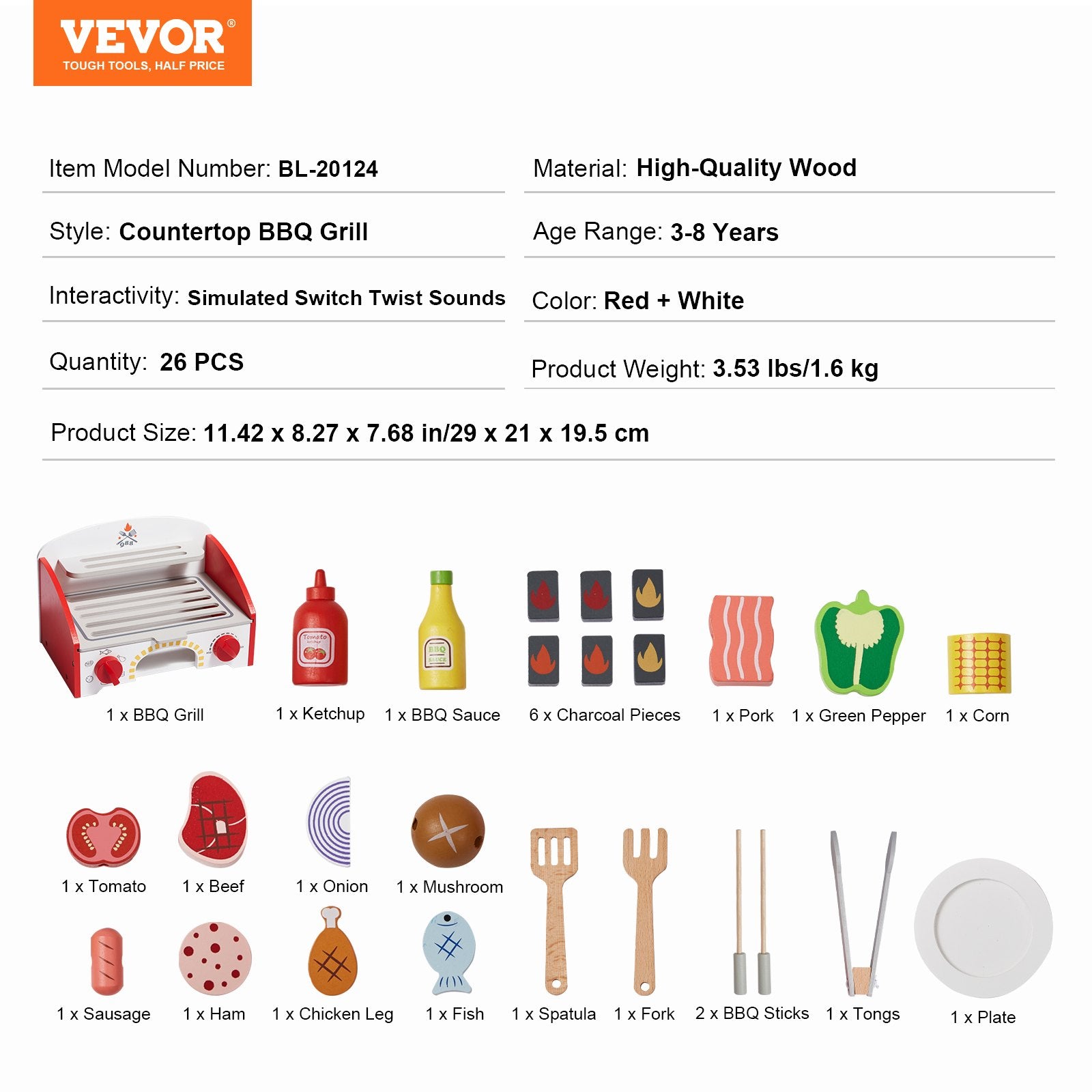 26 PCS Kids BBQ Grill Playset Wooden Cooking Grill Toy Set Pretend Sound V952-SKLWJZHMCTMS7K6GIV0