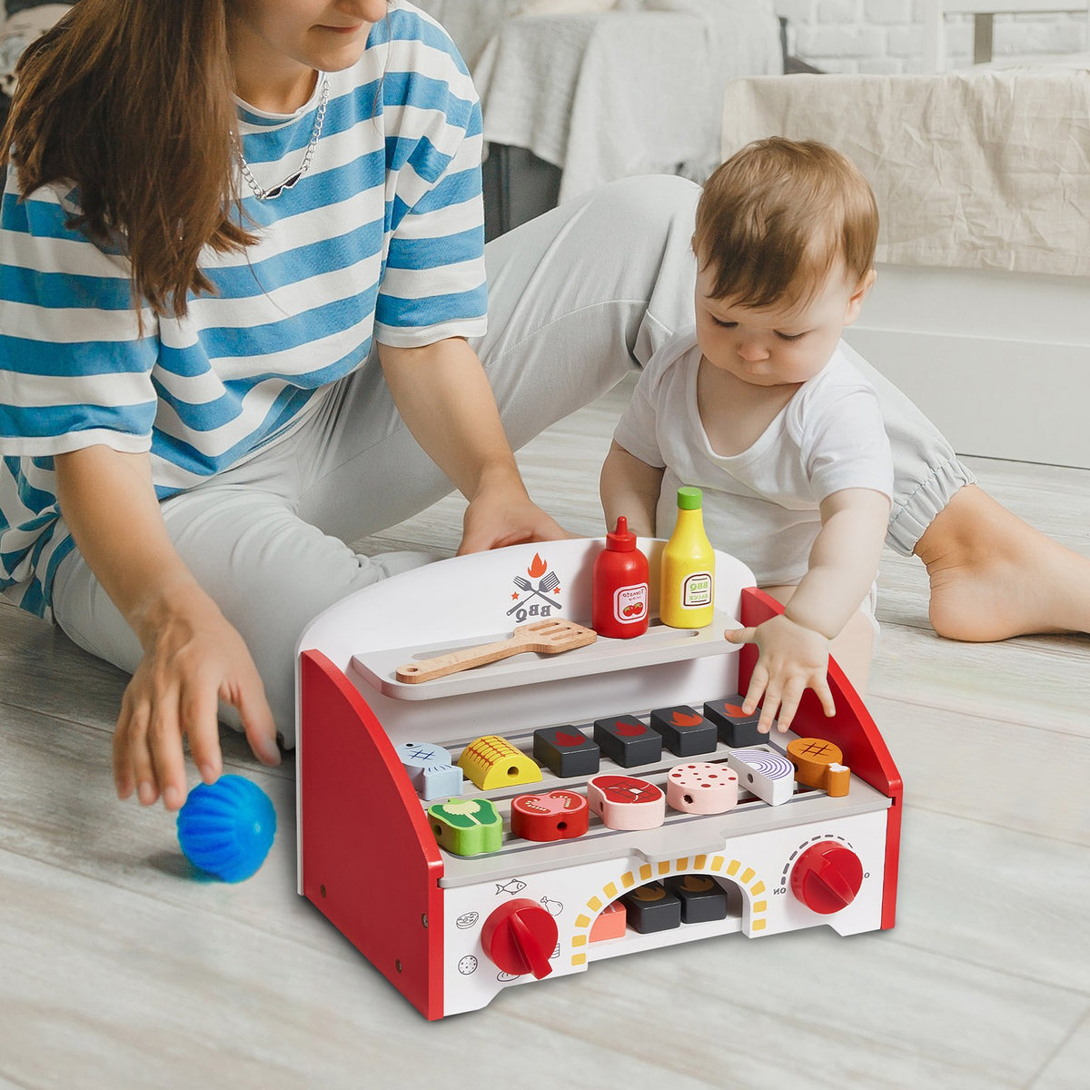 26 PCS Kids BBQ Grill Playset Wooden Cooking Grill Toy Set Pretend Sound V952-SKLWJZHMCTMS7K6GIV0