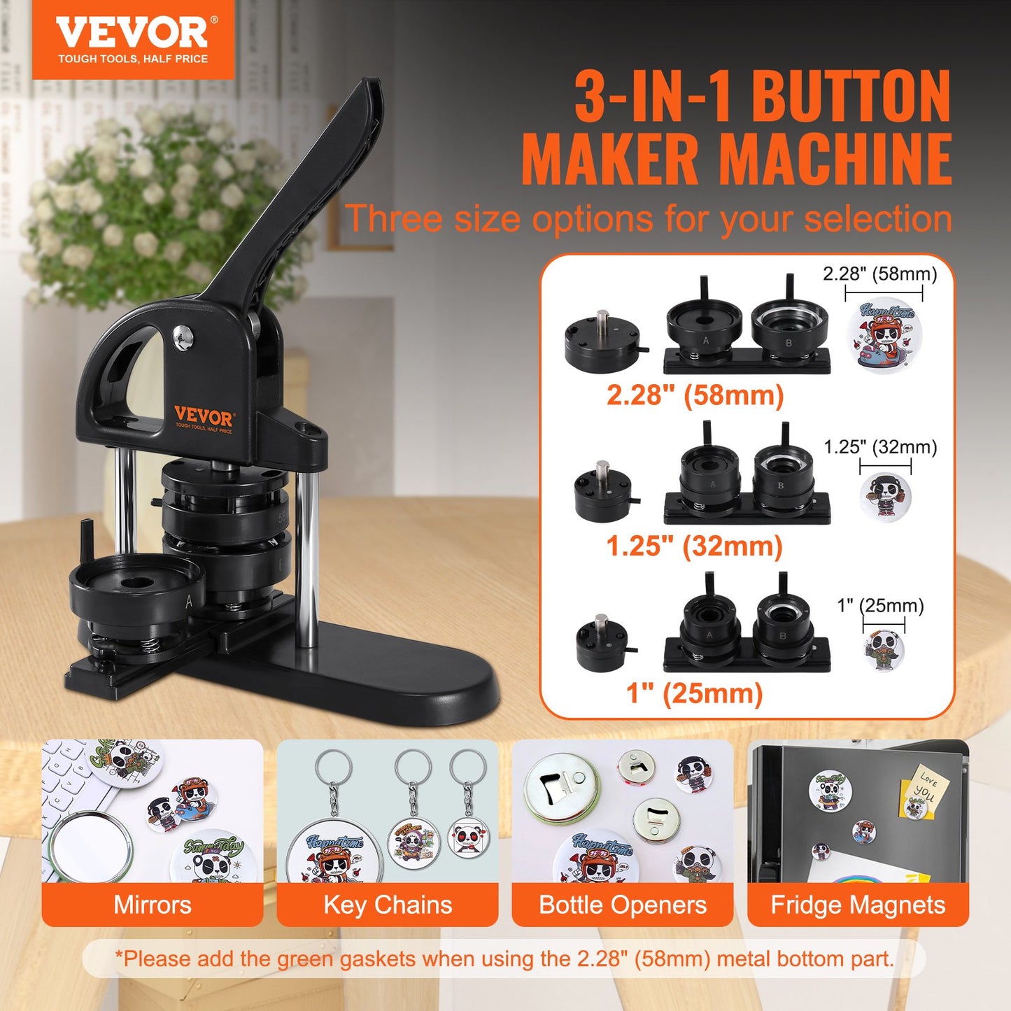 Button Maker Machine, 1/1.25/2.28 inch(25/32/58mm) 3-in-1 Pin Maker, Installation-Free Badge Punch Press Kit, V952-SL253258MM300D5JWV0