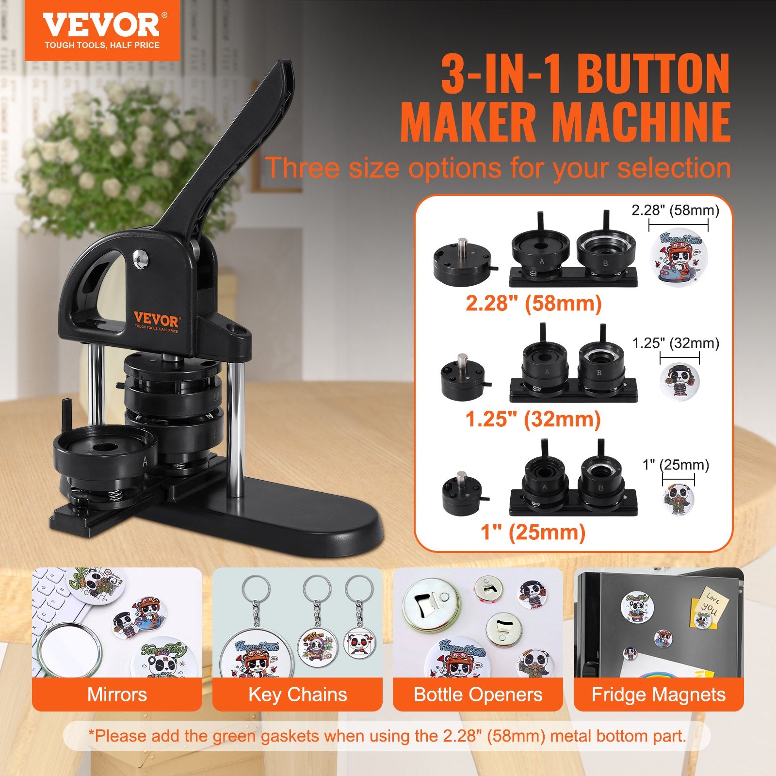 Button Maker Machine, 1/1.25/2.28 inch(25/32/58mm) 3-in-1 Pin Maker, Installation-Free Badge Punch Press Kit, V952-SL253258MM300D5JWV0