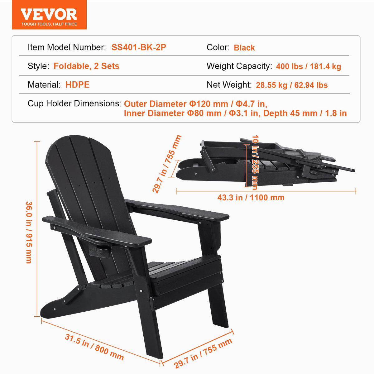 Adirondack Chair Plastic, Set of 2 All-Weather Portable Folding Fire Pit Chair, Outdoor Adirondack Patio V952-SLADLDKYHSKZ8TB0XV0
