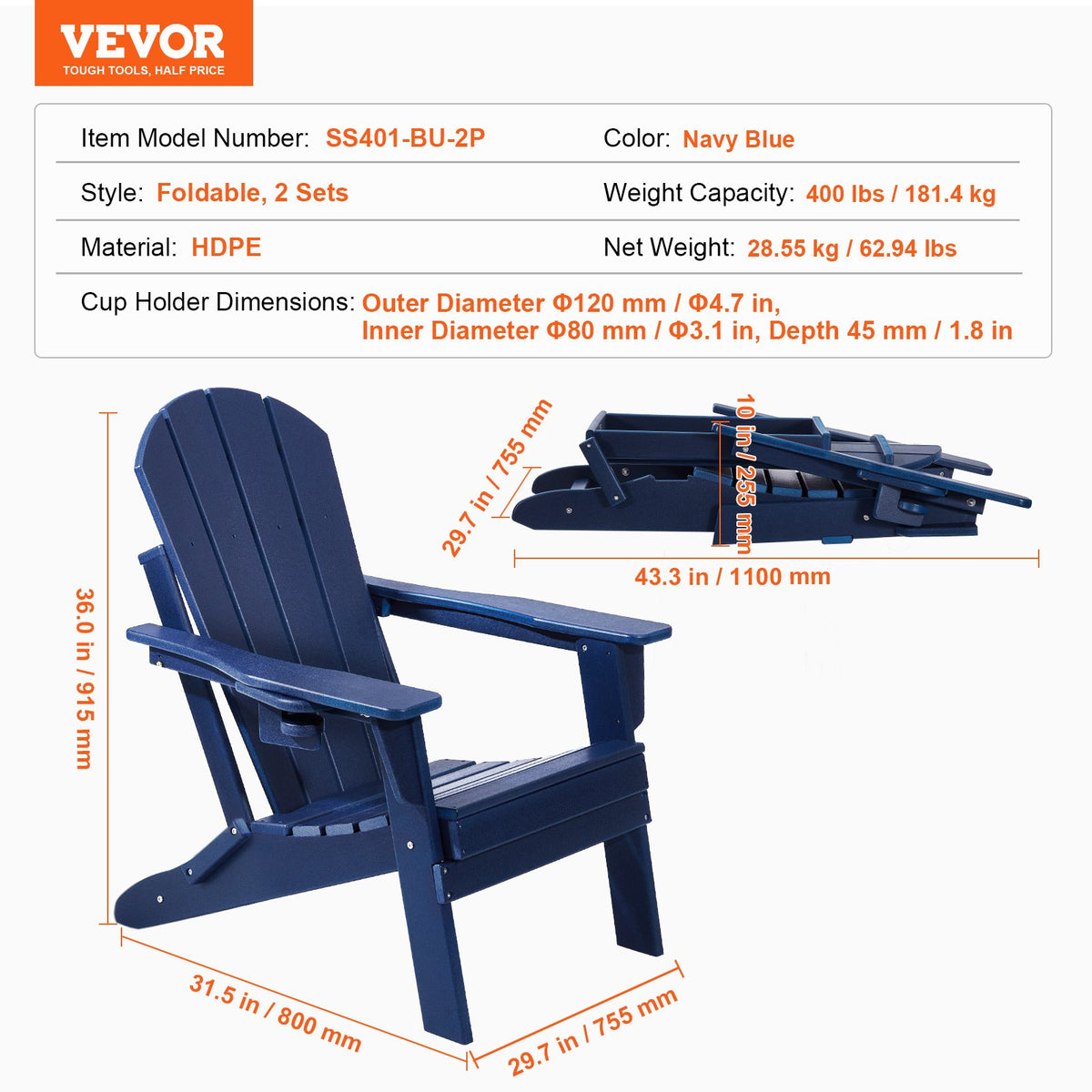 Adirondack Chair Plastic, Set of 2 All-Weather Portable Folding Fire Pit Chair, Outdoor Adirondack Patio V952-SLADLDKYLSKZ3IJ8KV0