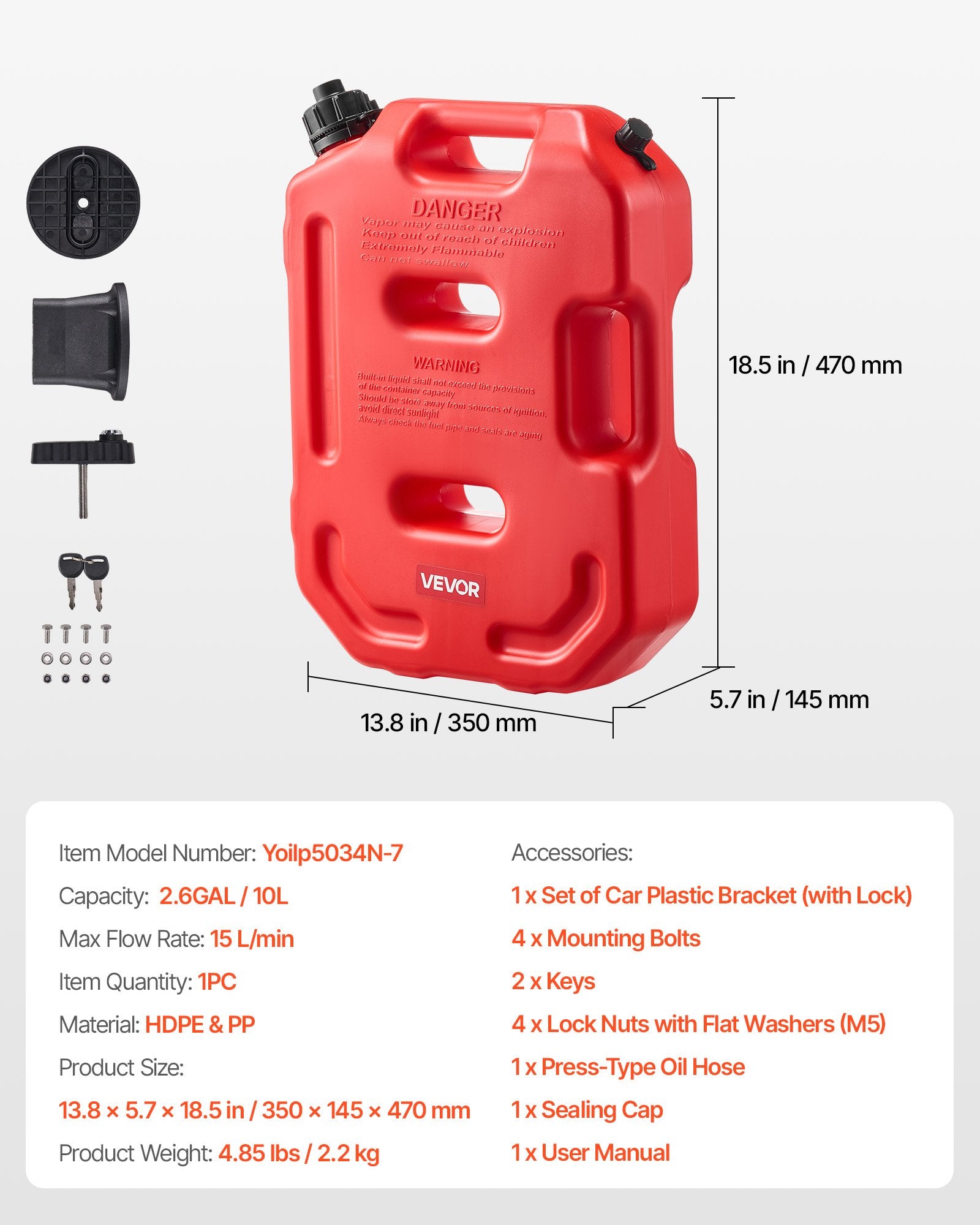 Fuel Container, 10 L, Gas Can with Spout and Lockable Bracket, 15 L/min Max Flow Rate, Secure & Leak-proof, V952-SLBXSYXCZK1JAO871001V0