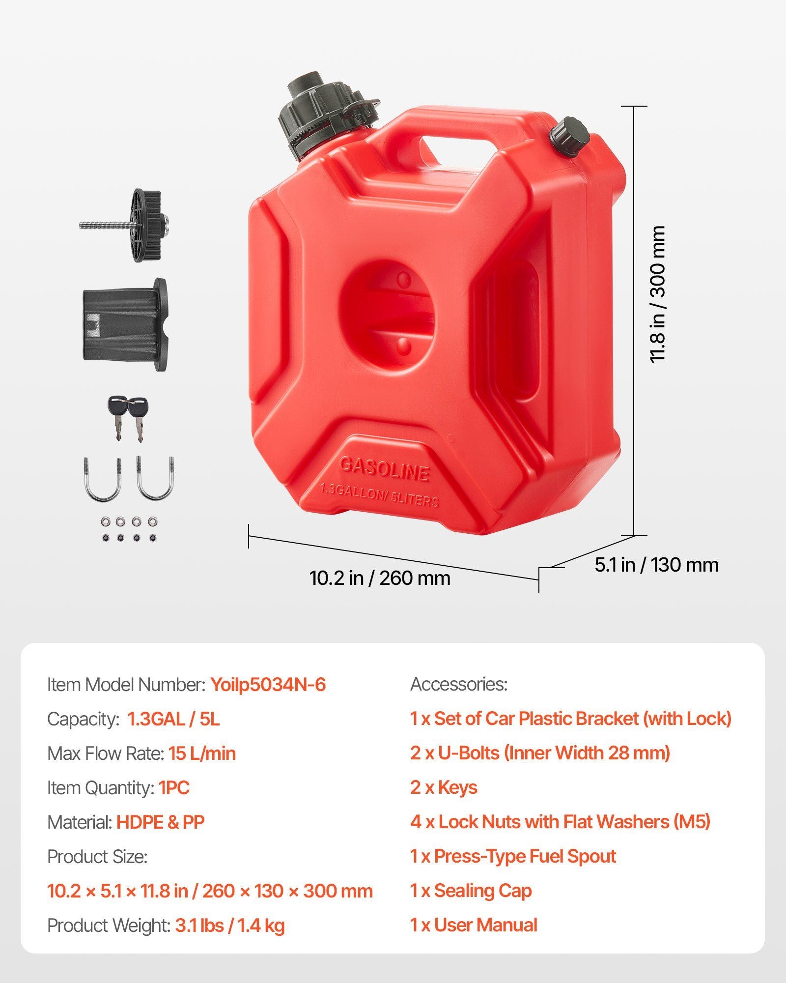 Fuel Container, 5 L, Gas Can with Spout and Lockable Bracket, 15 L/min Max Flow Rate, Secure & Leak-proof, V952-SLBXSYXCZK1JQWB8R001V0