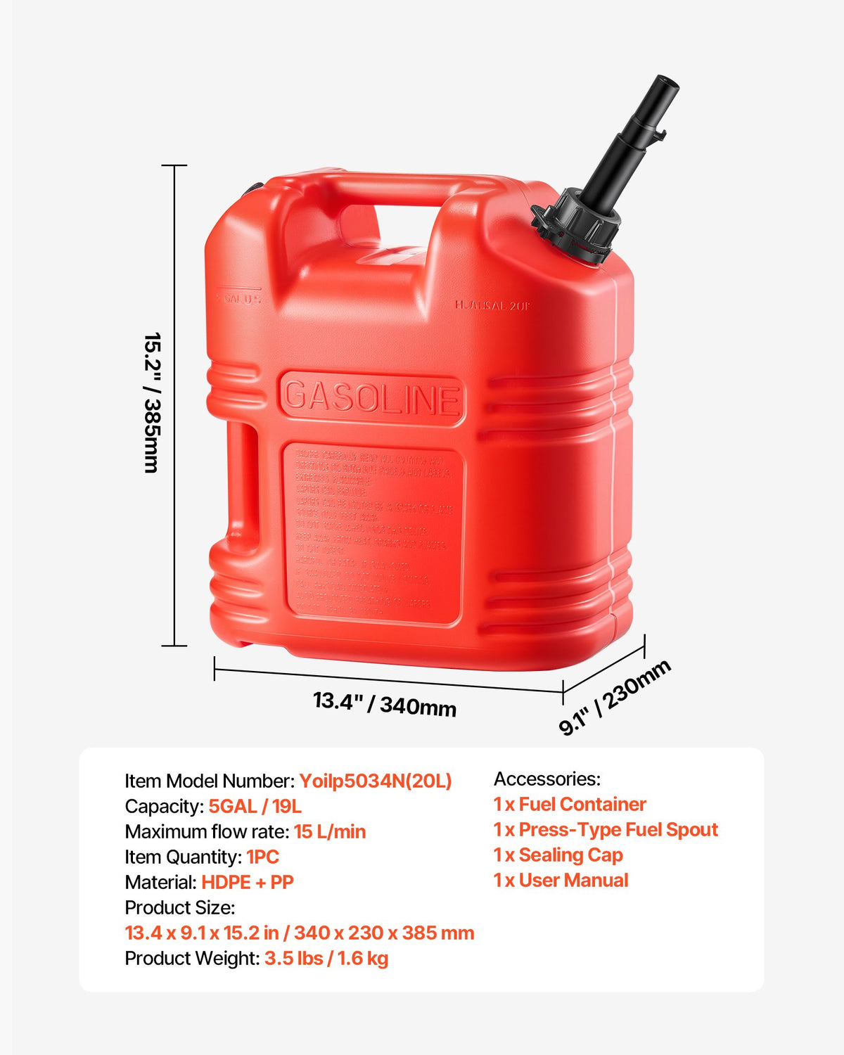 Fuel Container, 19 L, Gas Tank with Spout & Clear Scale, 15 L/min Max Flow Rate, Secure & Leak-proof, V952-SLBXSYXJYK1JNR1TZ001V0