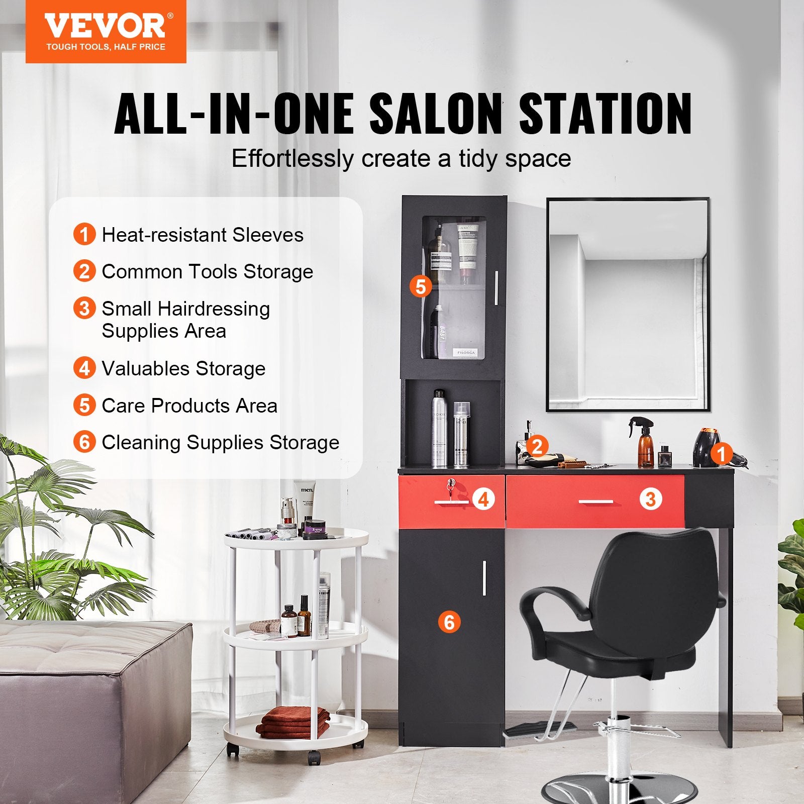 Salon Station, Wall Mount Barber Salon Station for Hair Stylist, Beauty Spa Furniture Set, 1 Storage Cabinet, V952-SLJSLJJTZS002VRD7V0