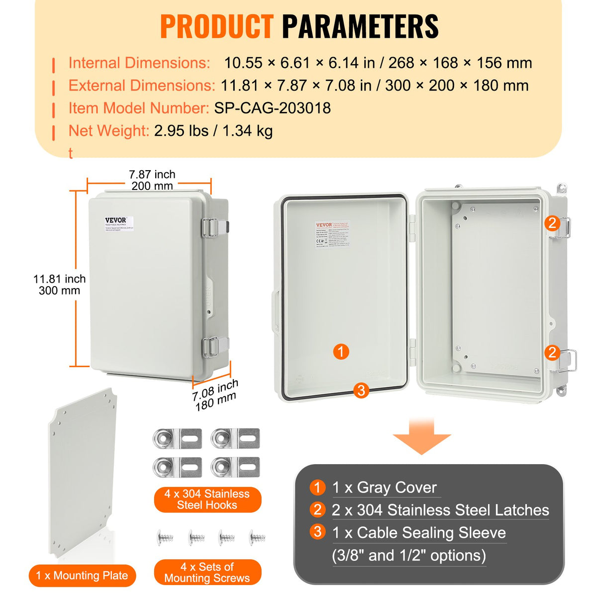 Outdoor Electrical Junction Box, 300 x 200 x 180 mm, ABS Plastic Electrical Enclosure Box with Hinged Cover V952-SLJXHABS12X86XOWLV0