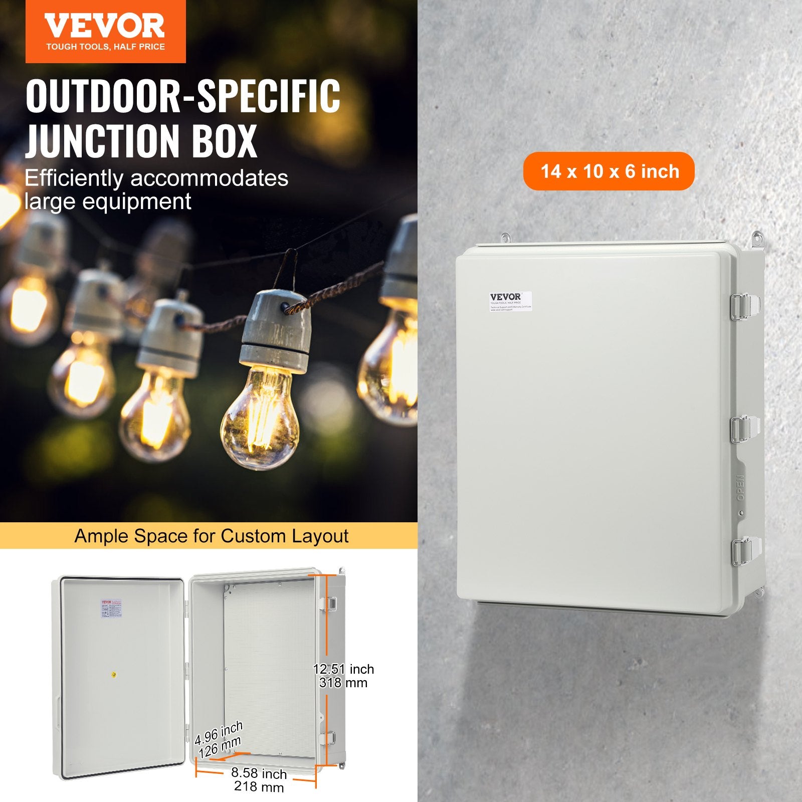 Outdoor Electrical Junction Box, 350 x 250 x 150 mm, ABS Plastic Electrical Enclosure Box with Hinged Cover V952-SLJXHABS14X138LEDV0