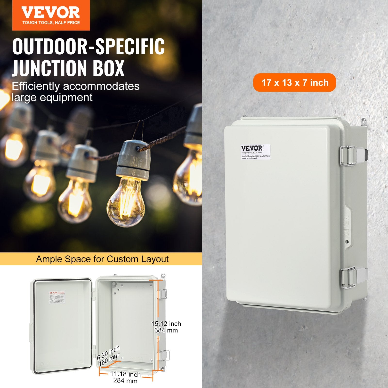 Outdoor Electrical Junction Box, 430 x 330 x 180 mm, ABS Plastic Electrical Enclosure Box with Hinged Cover V952-SLJXHABS16X1GLKCVV0