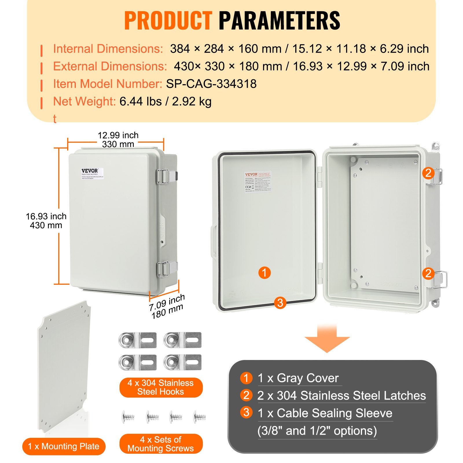 Outdoor Electrical Junction Box, 430 x 330 x 180 mm, ABS Plastic Electrical Enclosure Box with Hinged Cover V952-SLJXHABS16X1GLKCVV0