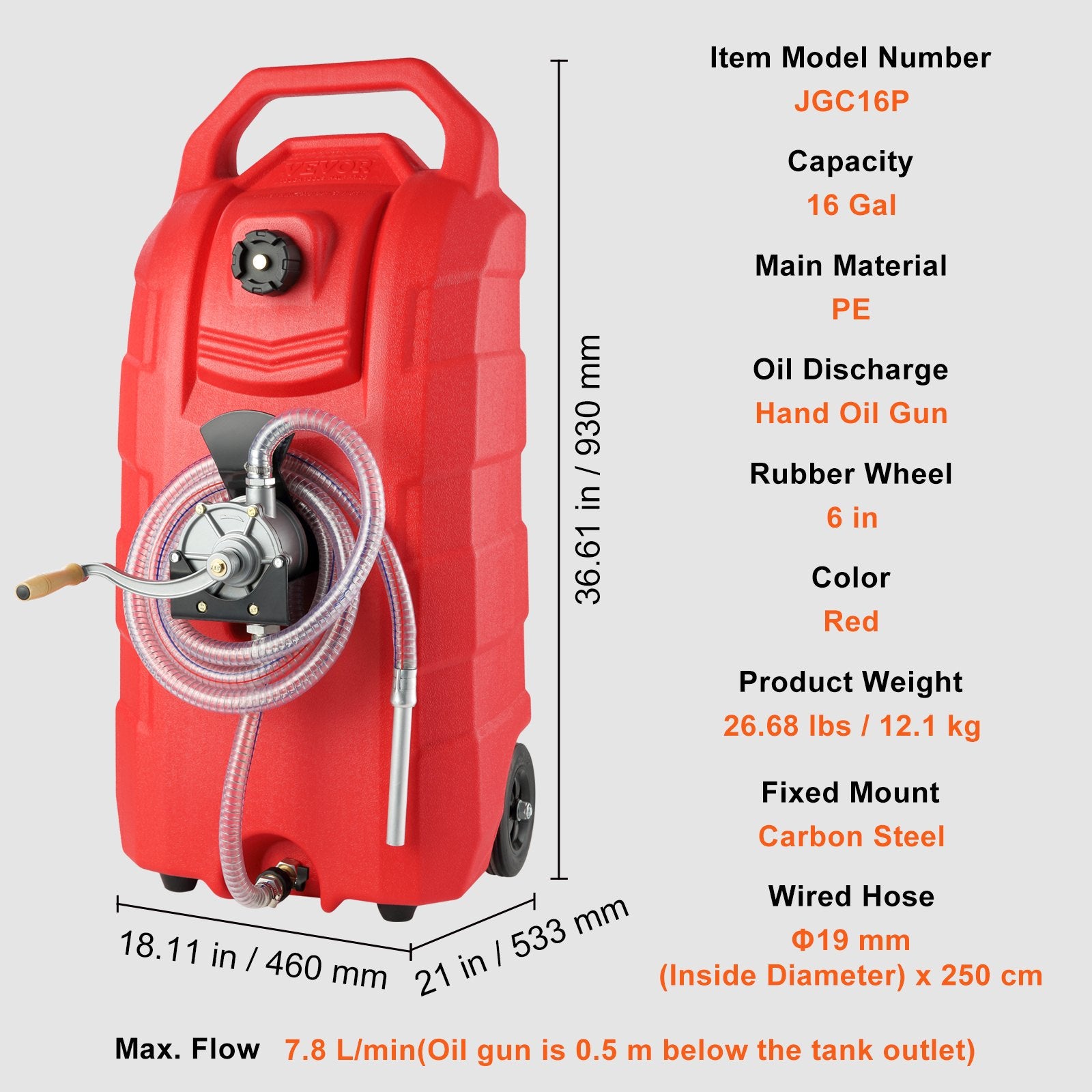 60.57L Fuel Caddy, 7.8 L/min, Portable Gas Storage Tank Container with Hand Pump Rubber Wheels, Fuel Transfer V952-SLJYCSL163MM1YYBQV0