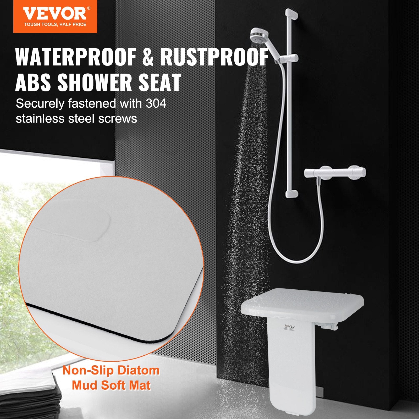 Folding ABS Shower Seat, 15.7'' x 16.7'' Unfolded, Wall Mounted Fold Up Shower Bench with 440 lbs Load V952-SLKABSZCTWKB4ALIHV0