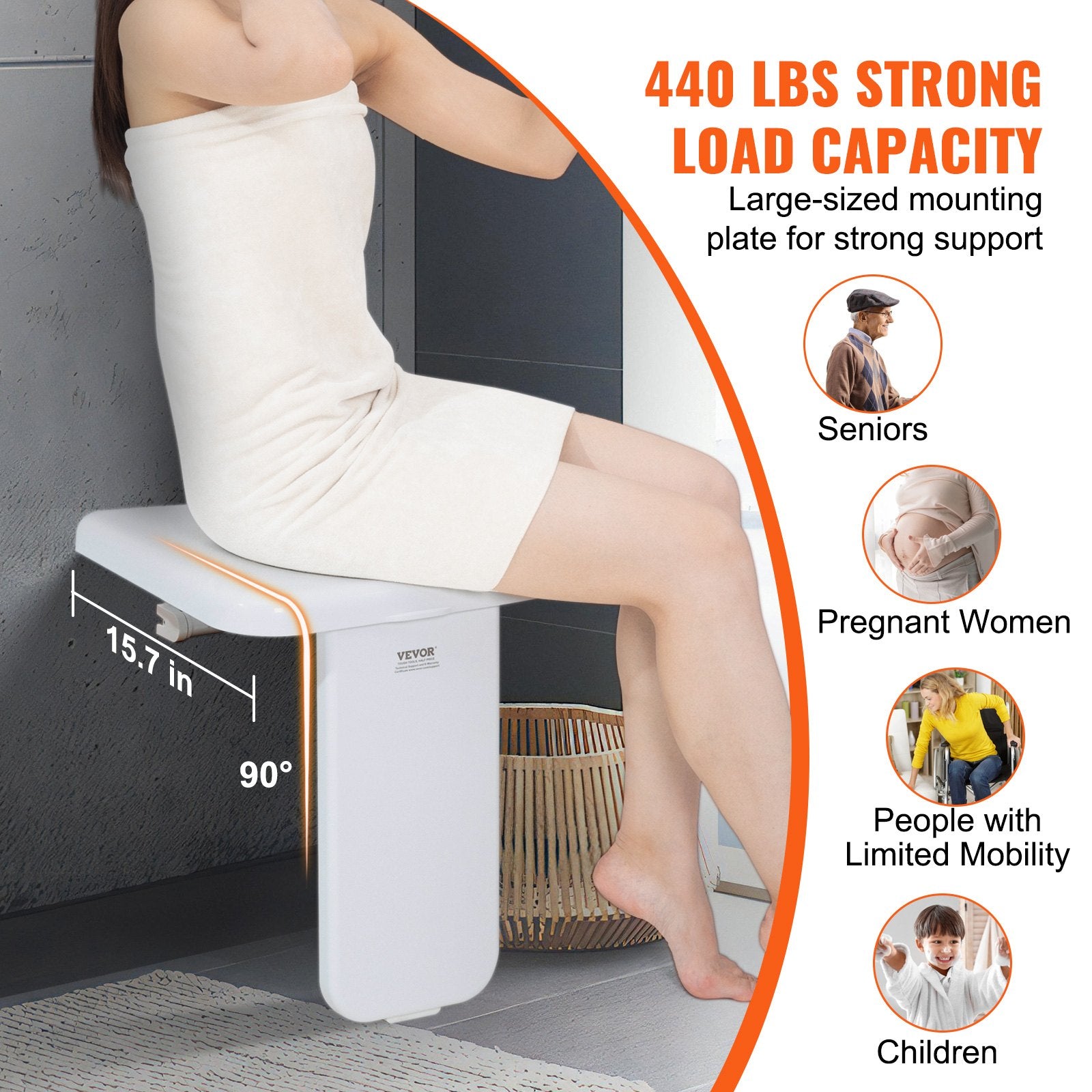 Folding ABS Shower Seat, 15.7'' x 16.7'' Unfolded, Wall Mounted Fold Up Shower Bench with 440 lbs Load V952-SLKABSZCTWKB4ALIHV0