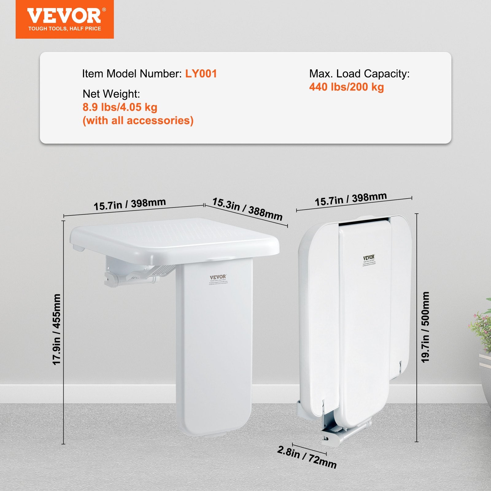 Folding ABS Shower Seat, 15.7'' x 16.7'' Unfolded, Wall Mounted Fold Up Shower Bench with 440 lbs Load V952-SLKABSZCTWKB4ALIHV0