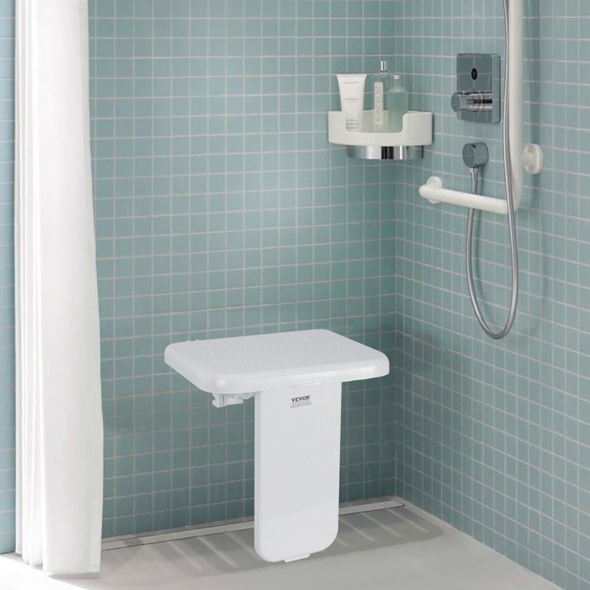 Folding ABS Shower Seat, 15.7'' x 16.7'' Unfolded, Wall Mounted Fold Up Shower Bench with 440 lbs Load V952-SLKABSZCTWKB4ALIHV0