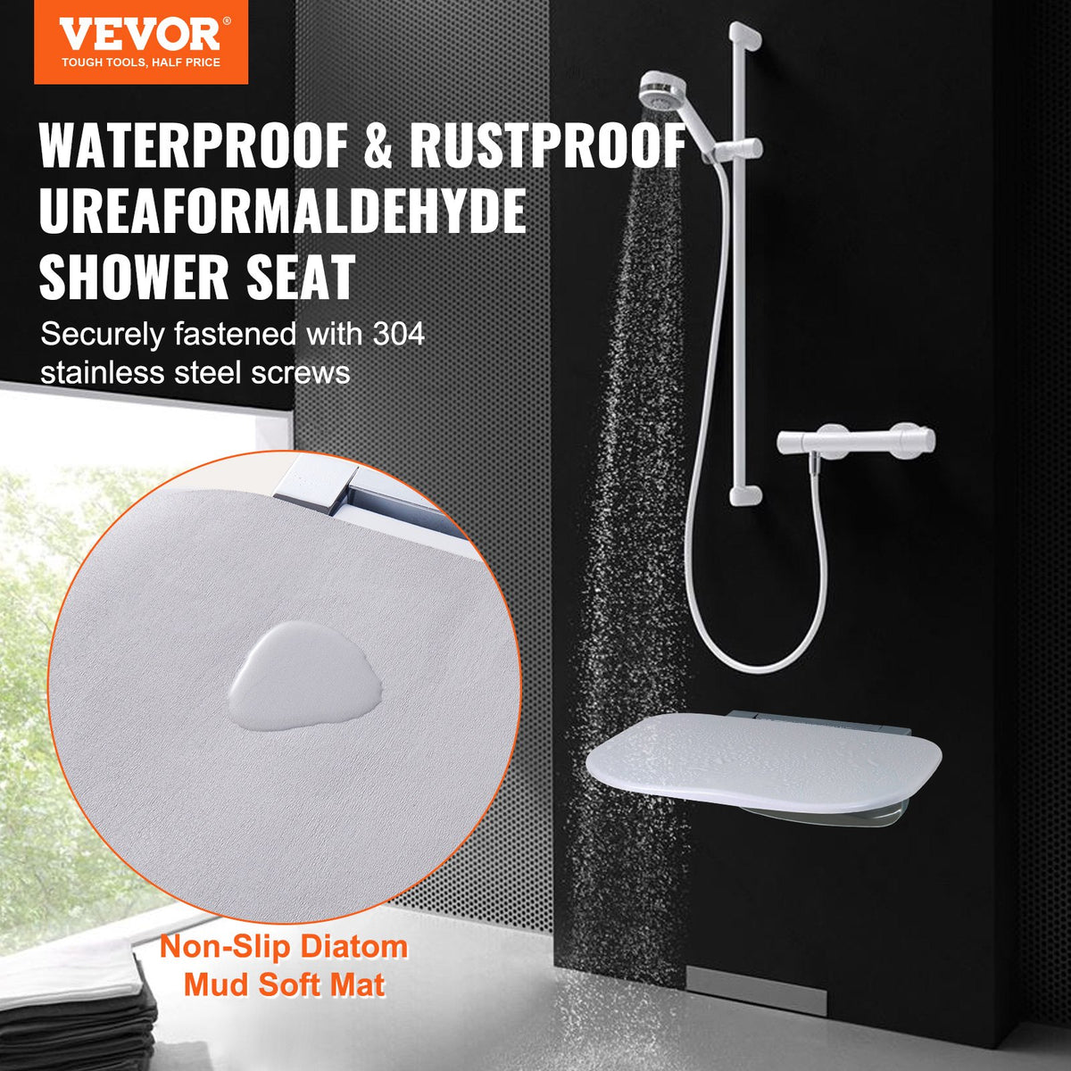Urea-formaldehyde Folding Shower Seat, 13.6'' x 12.8'' Unfolded, Wall Mounted Fold Up Shower Bench with 450 V952-SLKNQWZCWKB1YXHBJV0