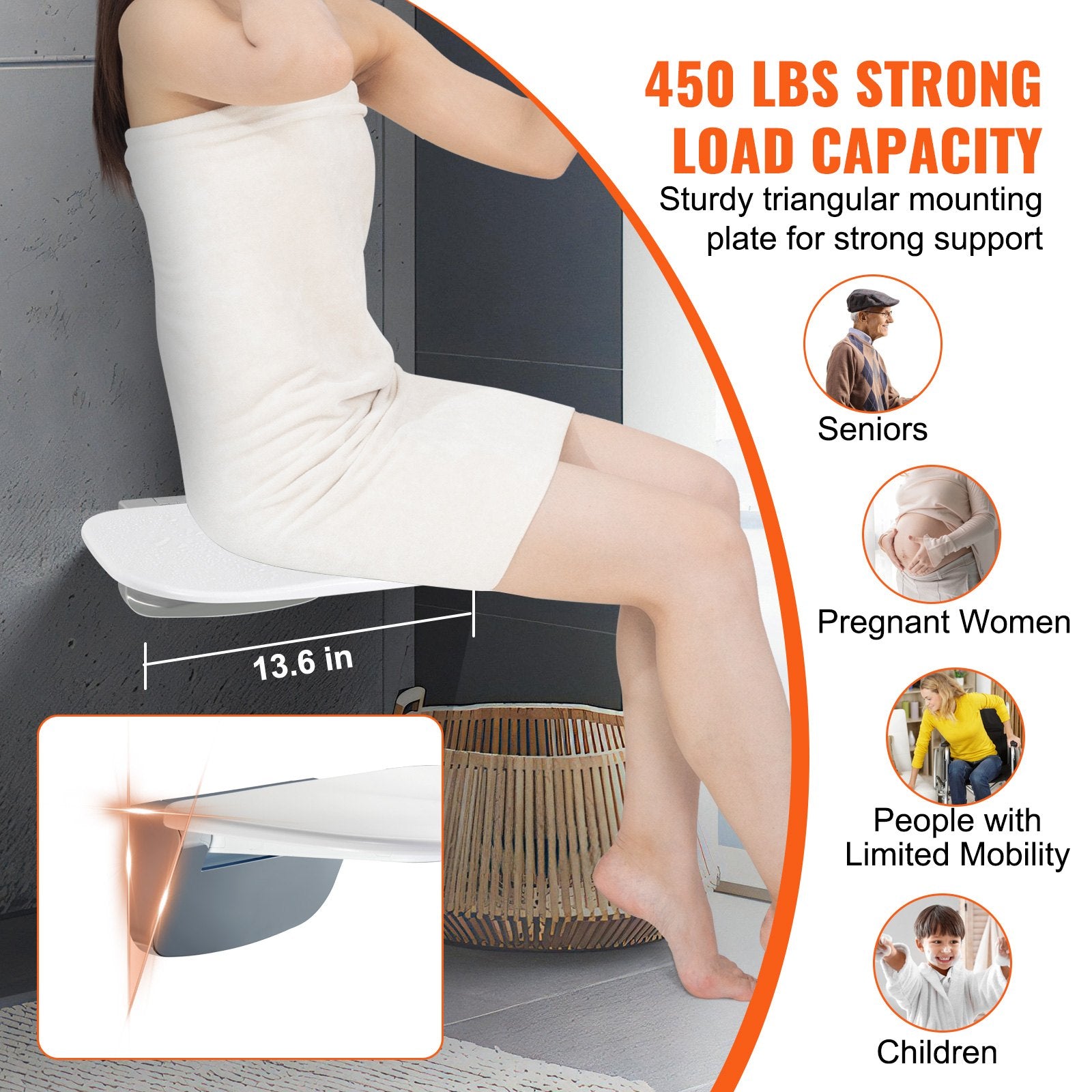 Urea-formaldehyde Folding Shower Seat, 13.6'' x 12.8'' Unfolded, Wall Mounted Fold Up Shower Bench with 450 V952-SLKNQWZCWKB1YXHBJV0